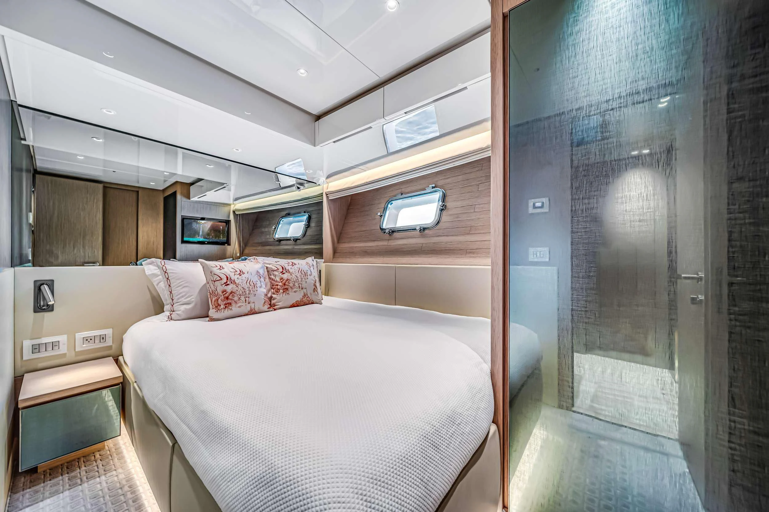 a bed in a room aboard MAVE Yacht for Sale