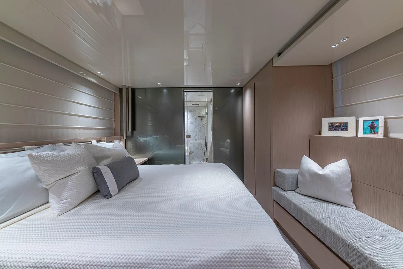 a room with two beds aboard MAVE Yacht for Sale