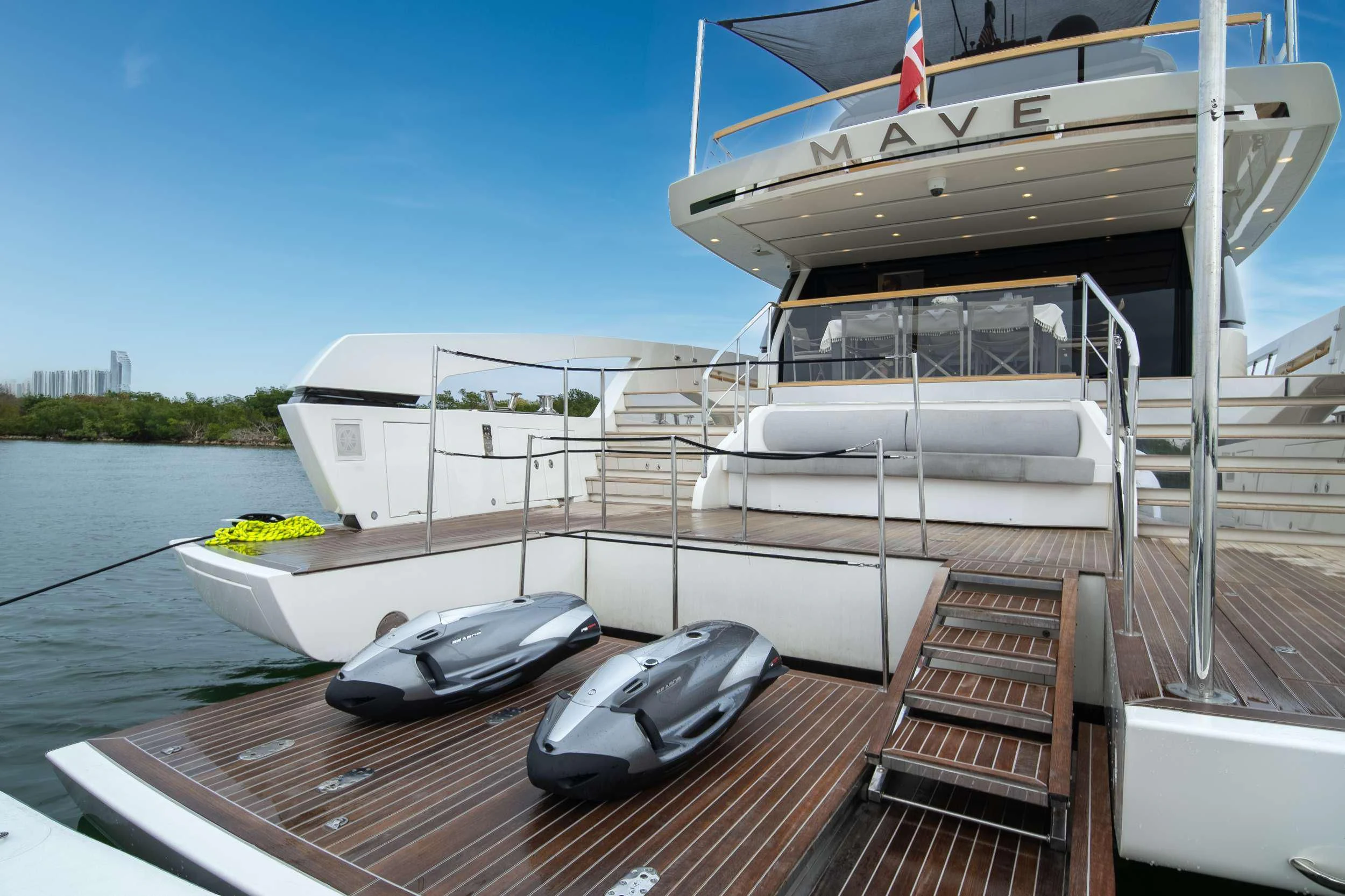 a boat on a dock aboard MAVE Yacht for Sale