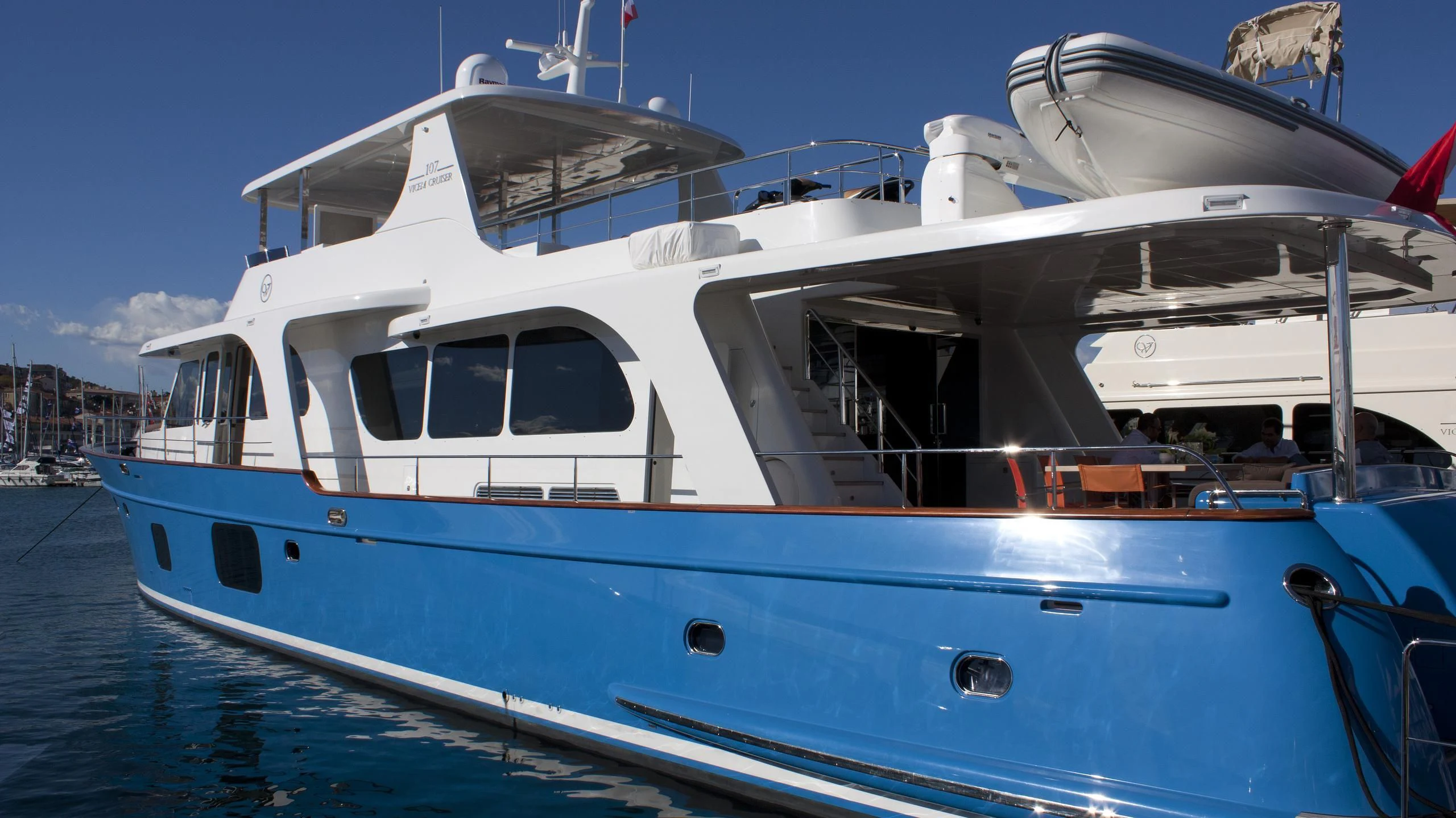 a large white boat aboard PRIMA MEA Yacht for Sale