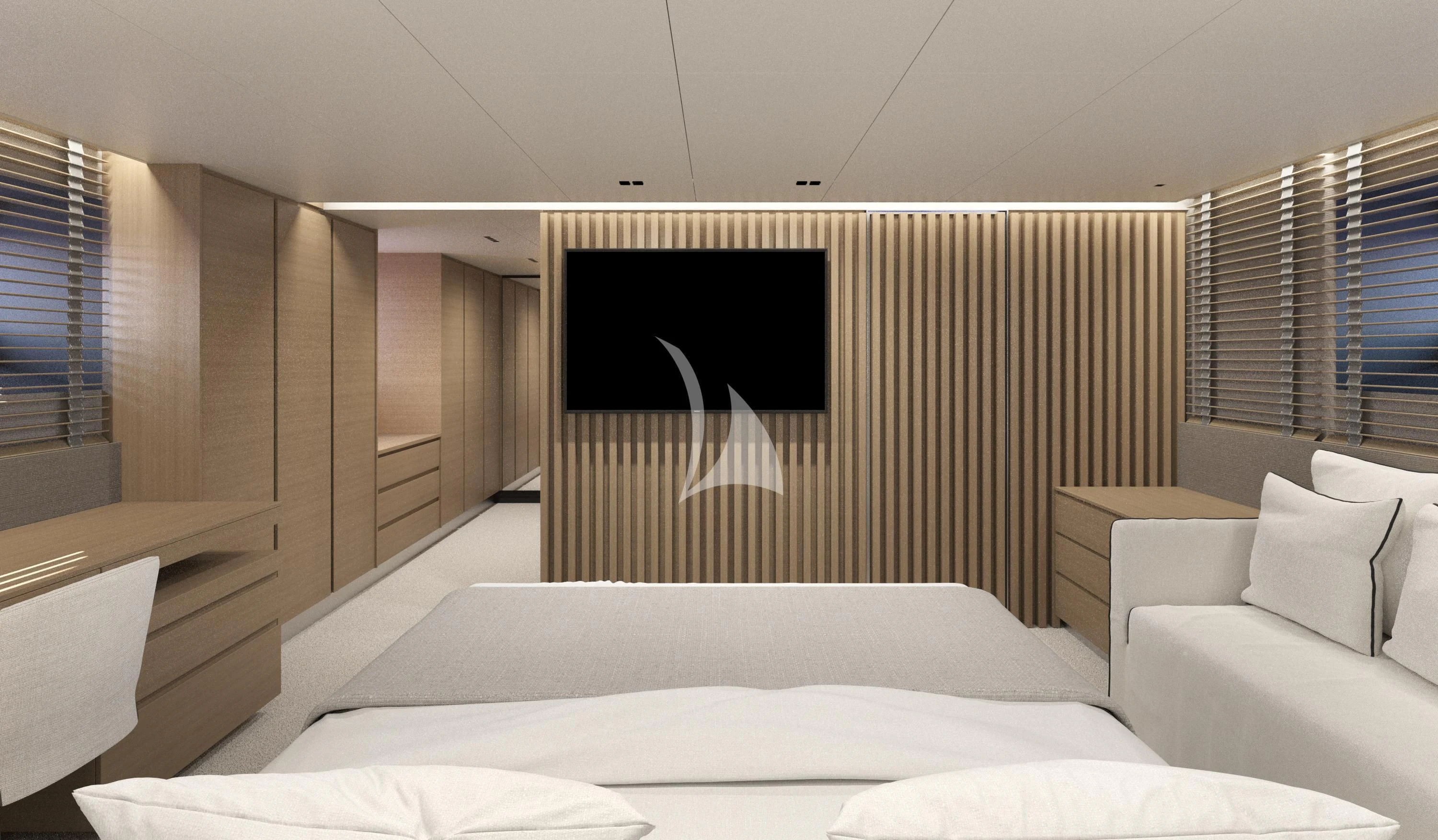 a room with a bed and a tv aboard XIPHIAS Yacht for Charter