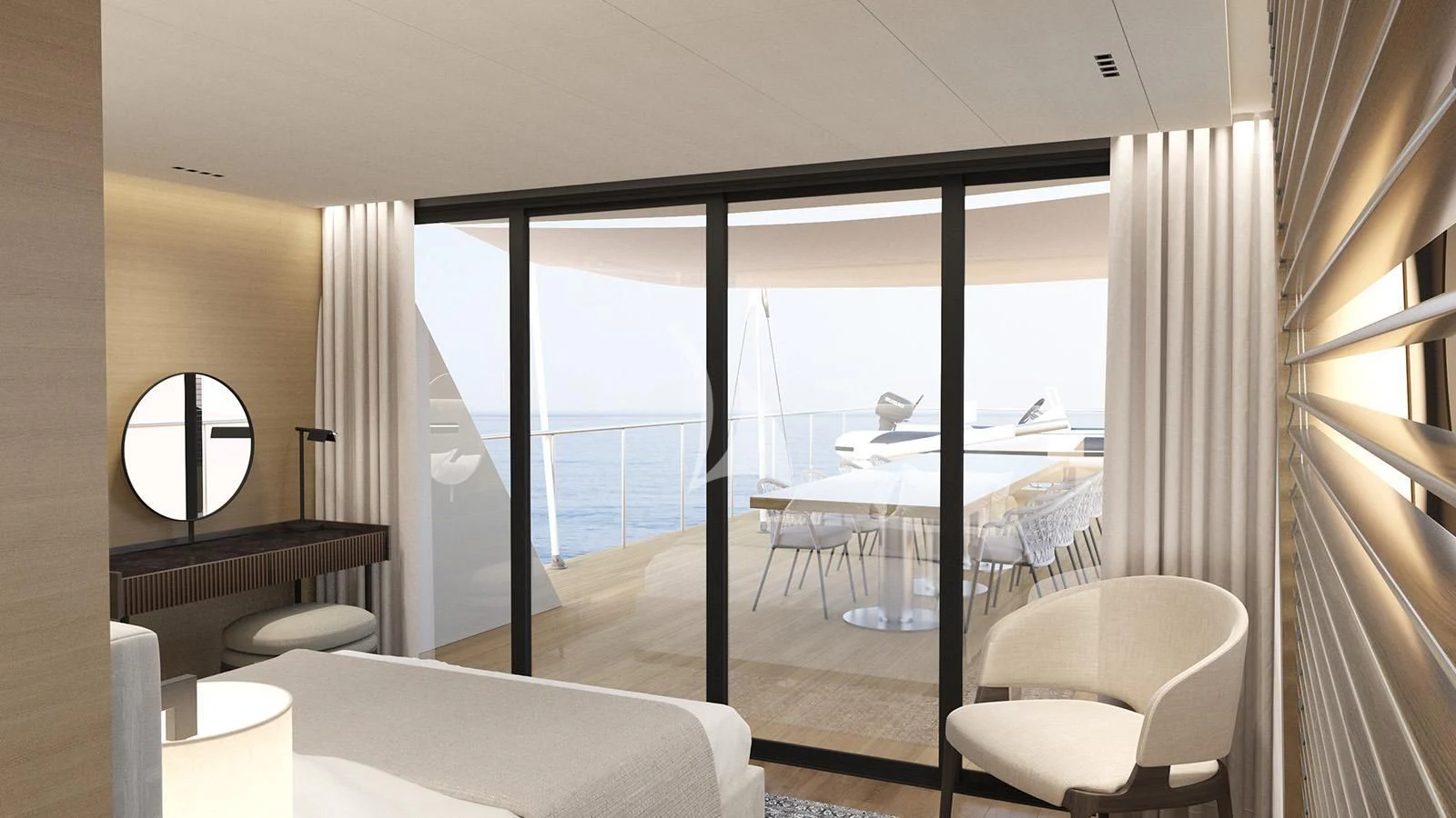 a room with a view of the water and the city aboard XIPHIAS Yacht for Charter
