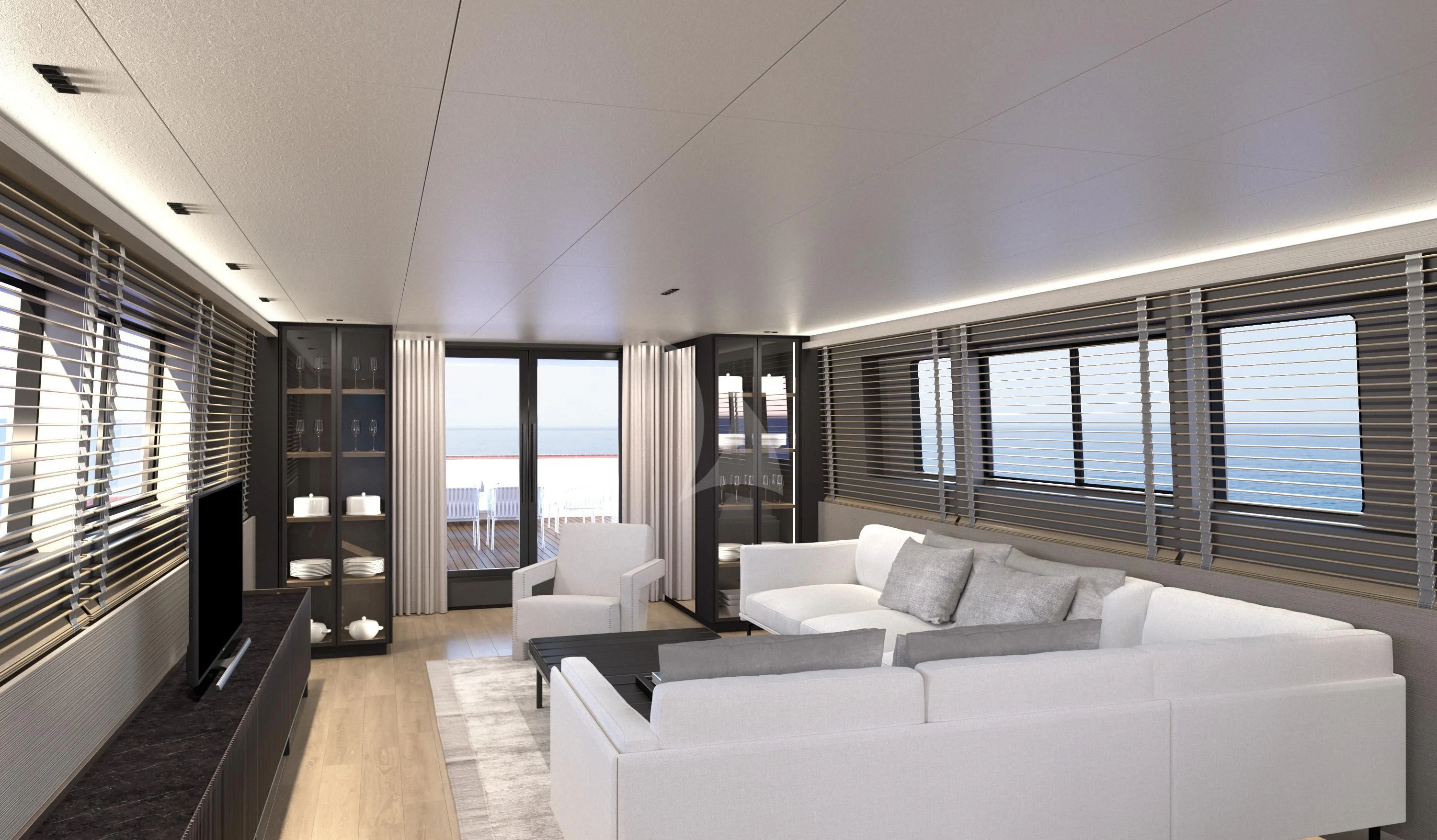 a large white room with a large window and a large bed aboard XIPHIAS Yacht for Charter
