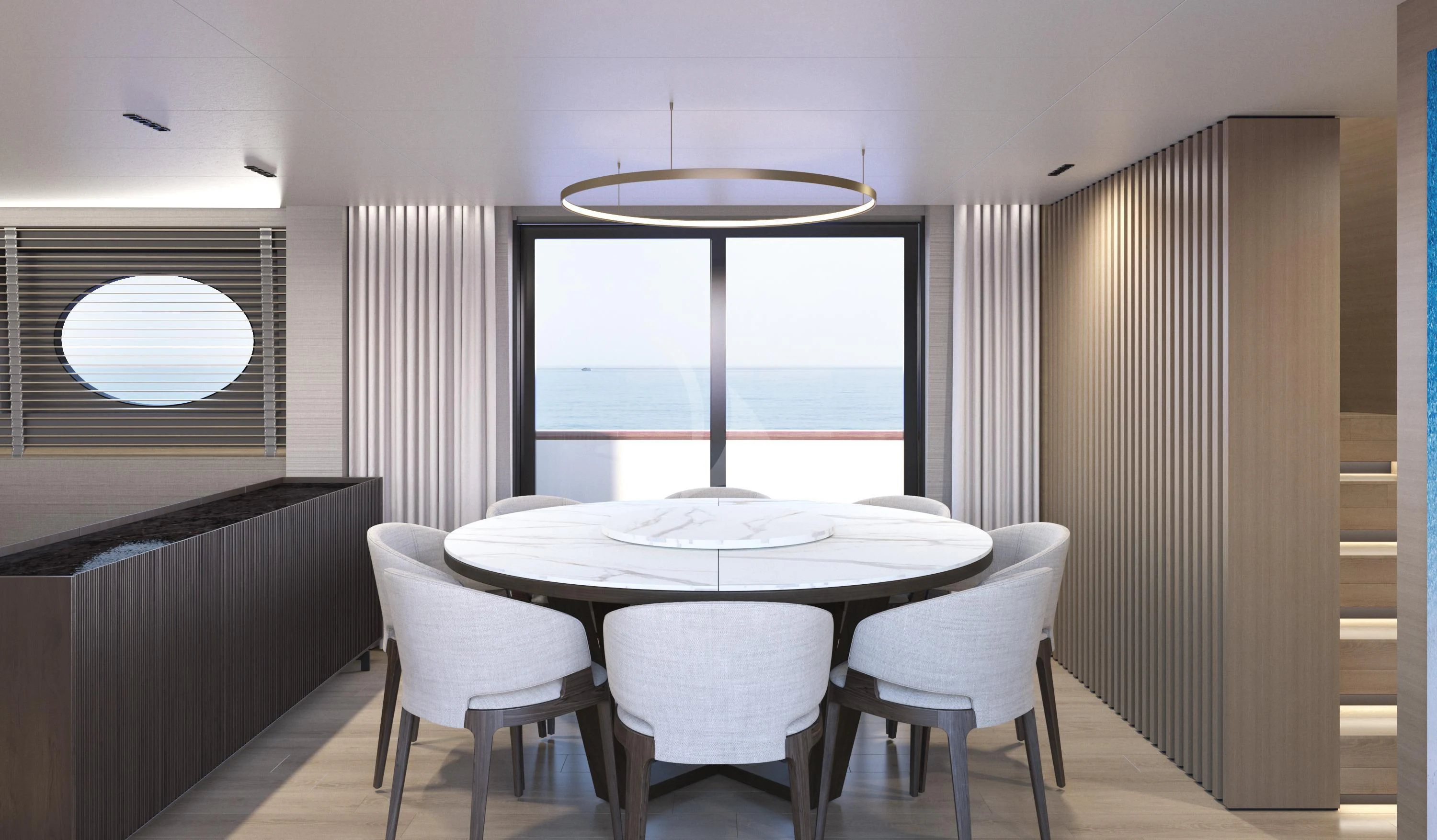 a dining table in a room aboard XIPHIAS Yacht for Charter