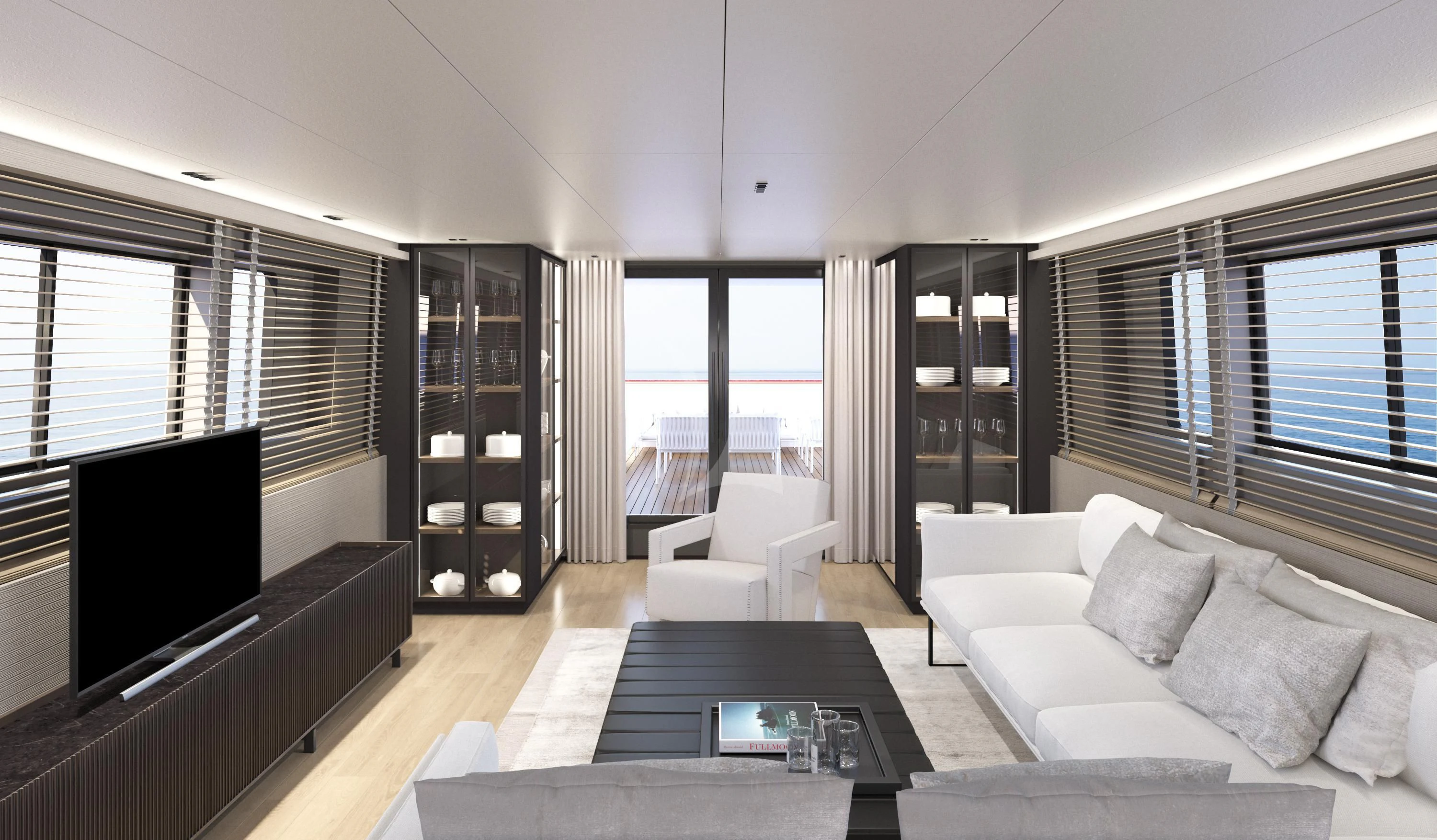 a living room with a tv and a couch aboard XIPHIAS Yacht for Charter