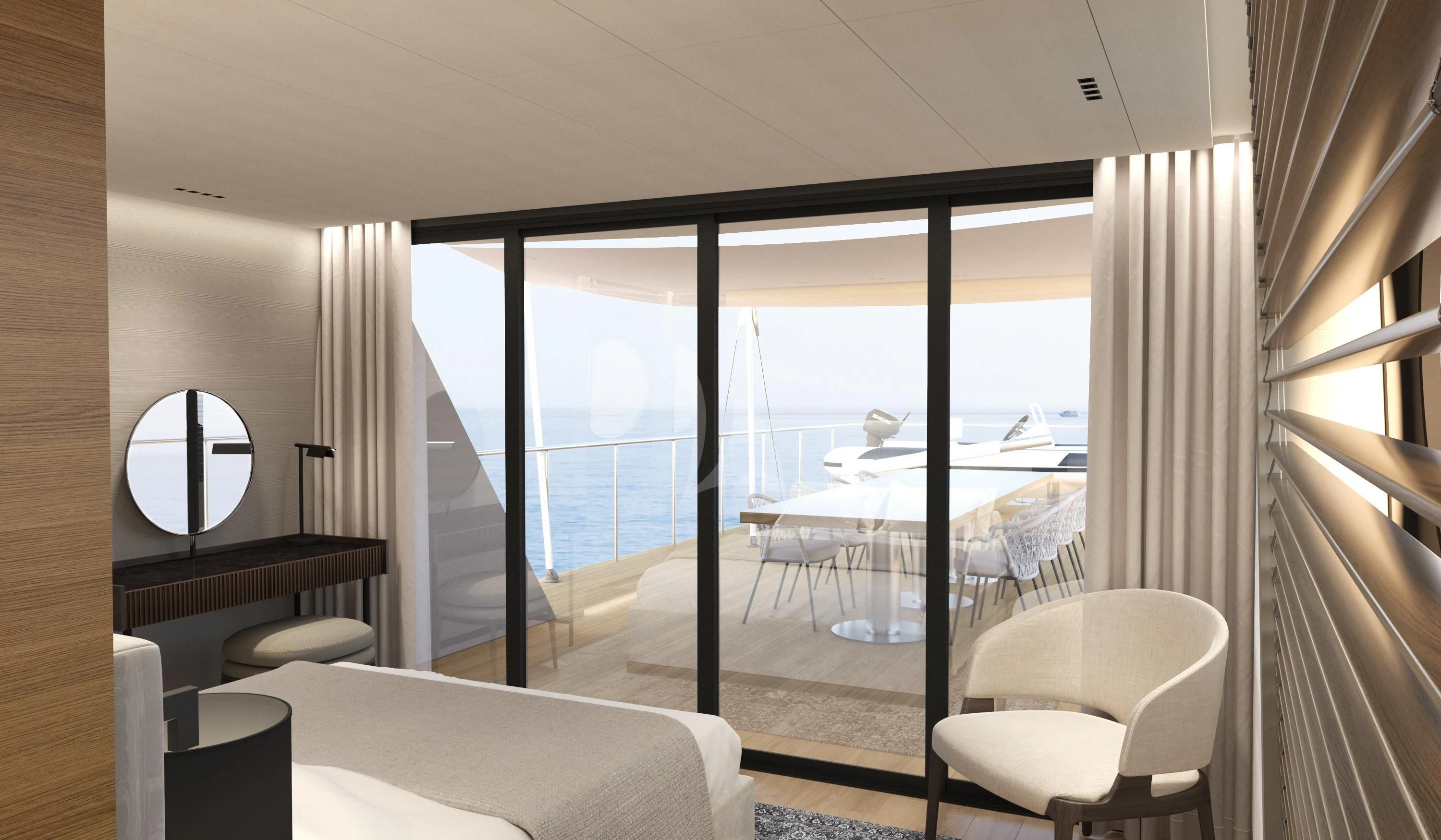 a room with a view of the water and boats aboard XIPHIAS Yacht for Charter