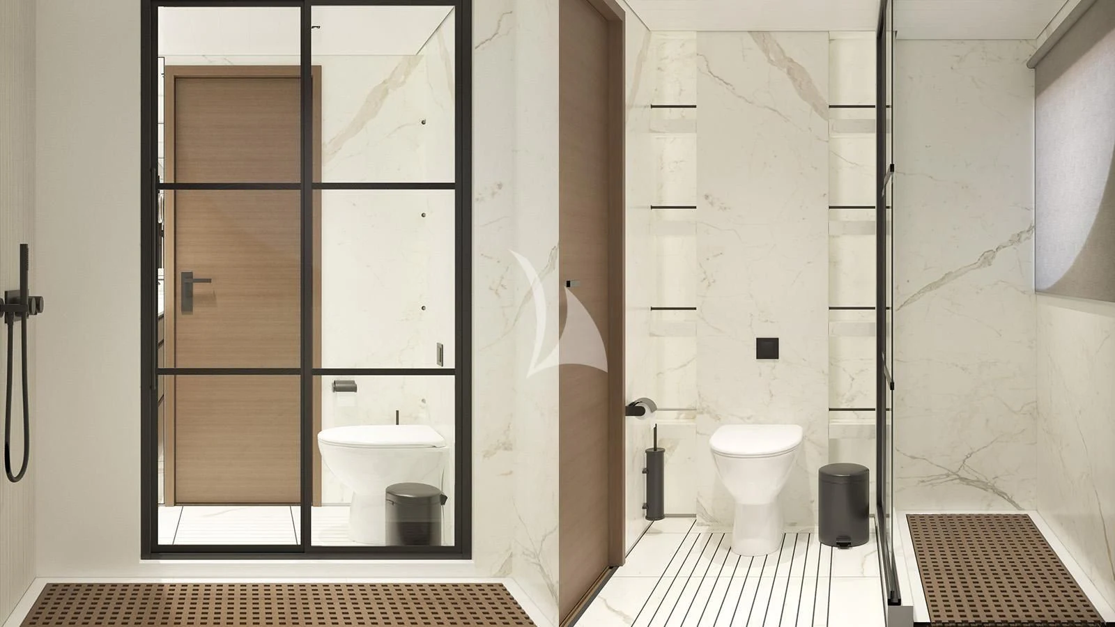 a bathroom with a glass shower aboard XIPHIAS Yacht for Charter