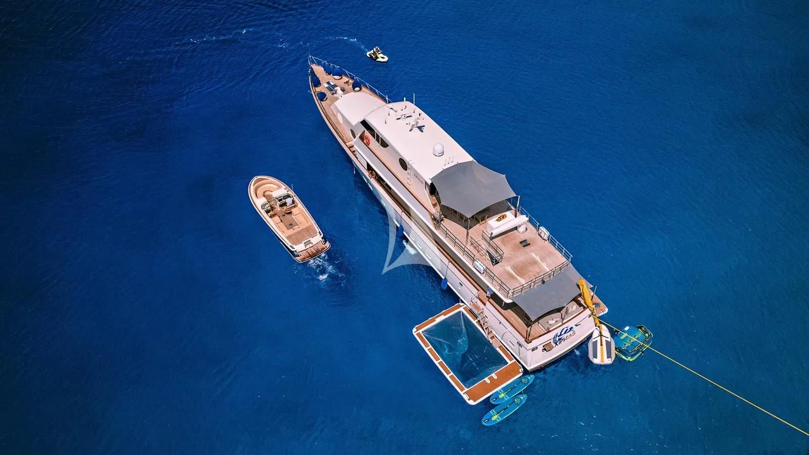 a high angle view of a ship aboard XIPHIAS Yacht for Charter