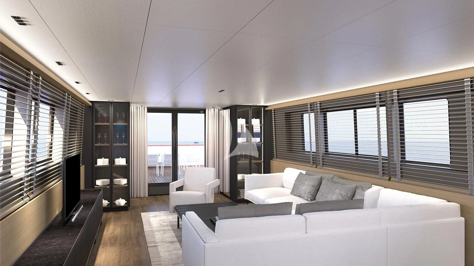 a large white room with a large window and a large bed aboard XIPHIAS Yacht for Charter