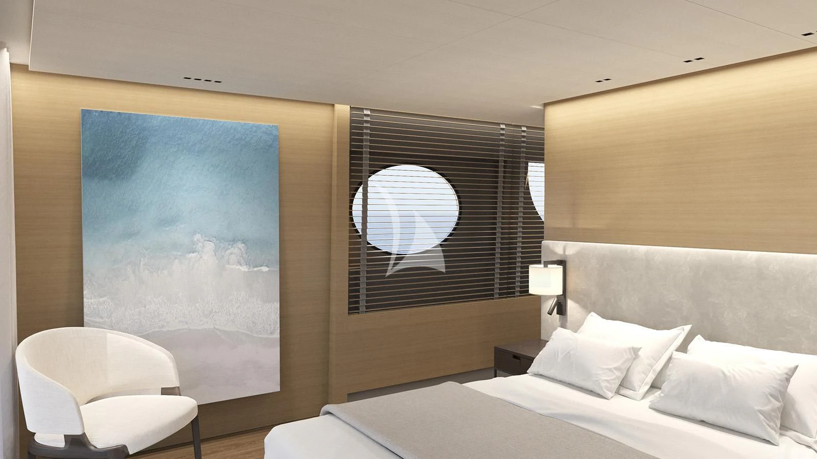 a room with a bed and a painting on the wall aboard XIPHIAS Yacht for Charter