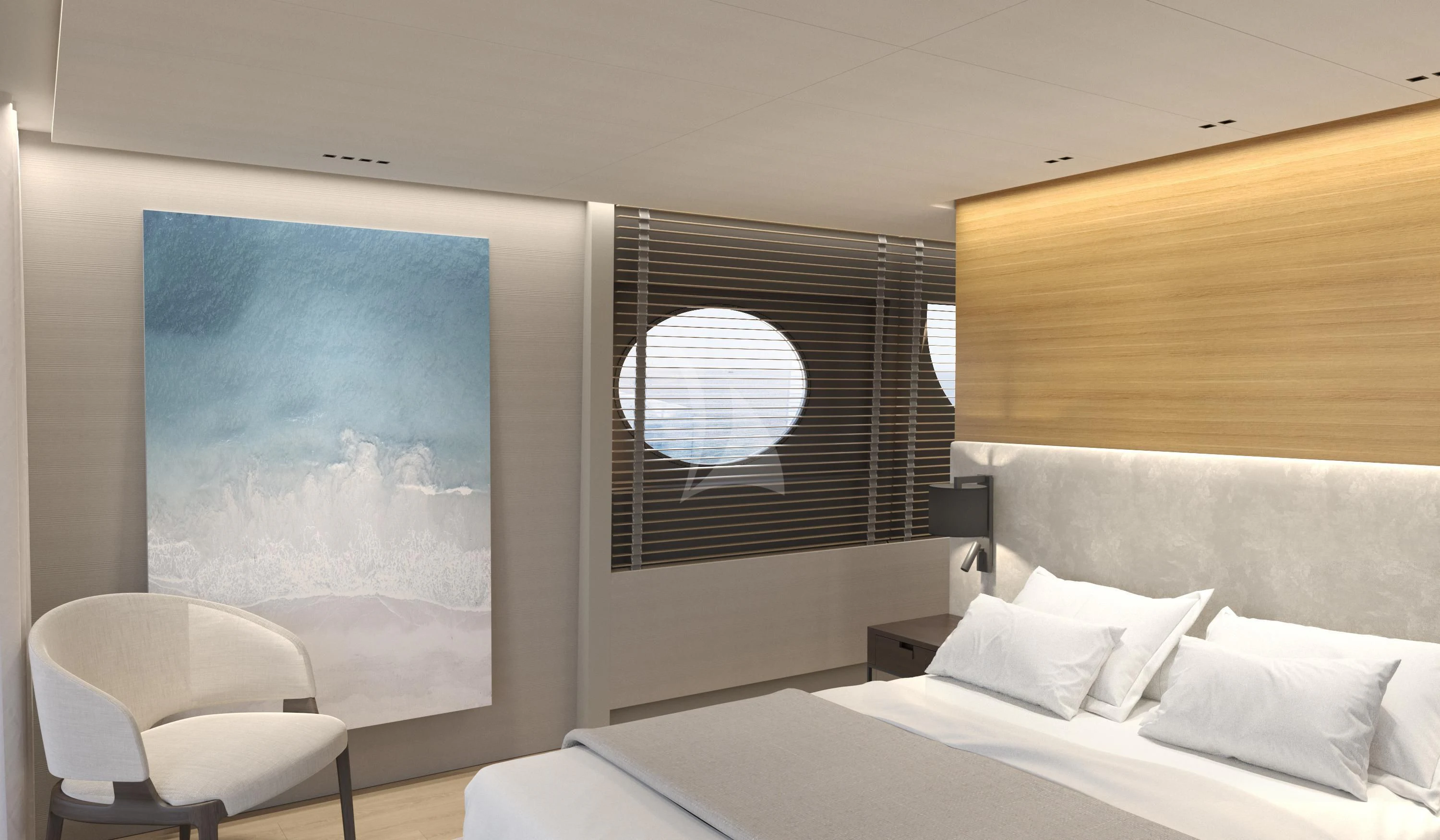 a room with a bed and a chair aboard XIPHIAS Yacht for Charter