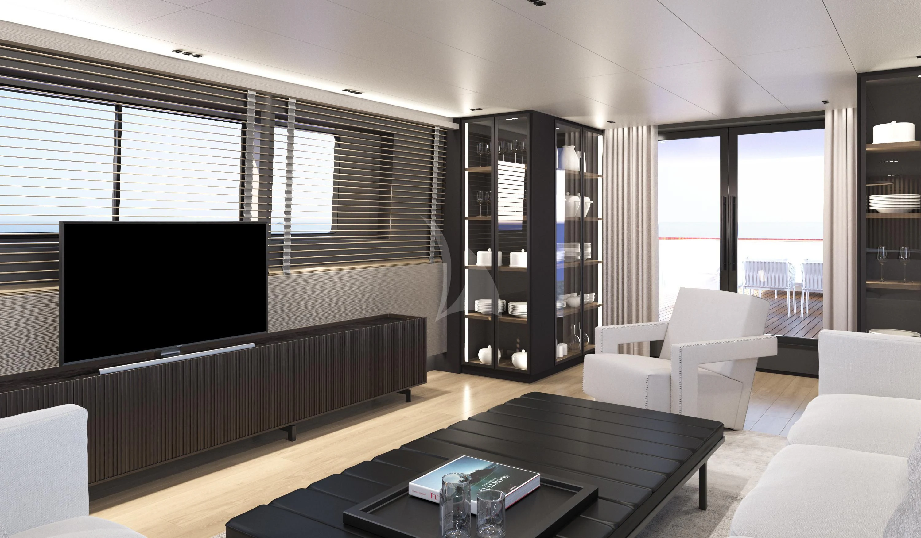 a living room with a large tv aboard XIPHIAS Yacht for Charter
