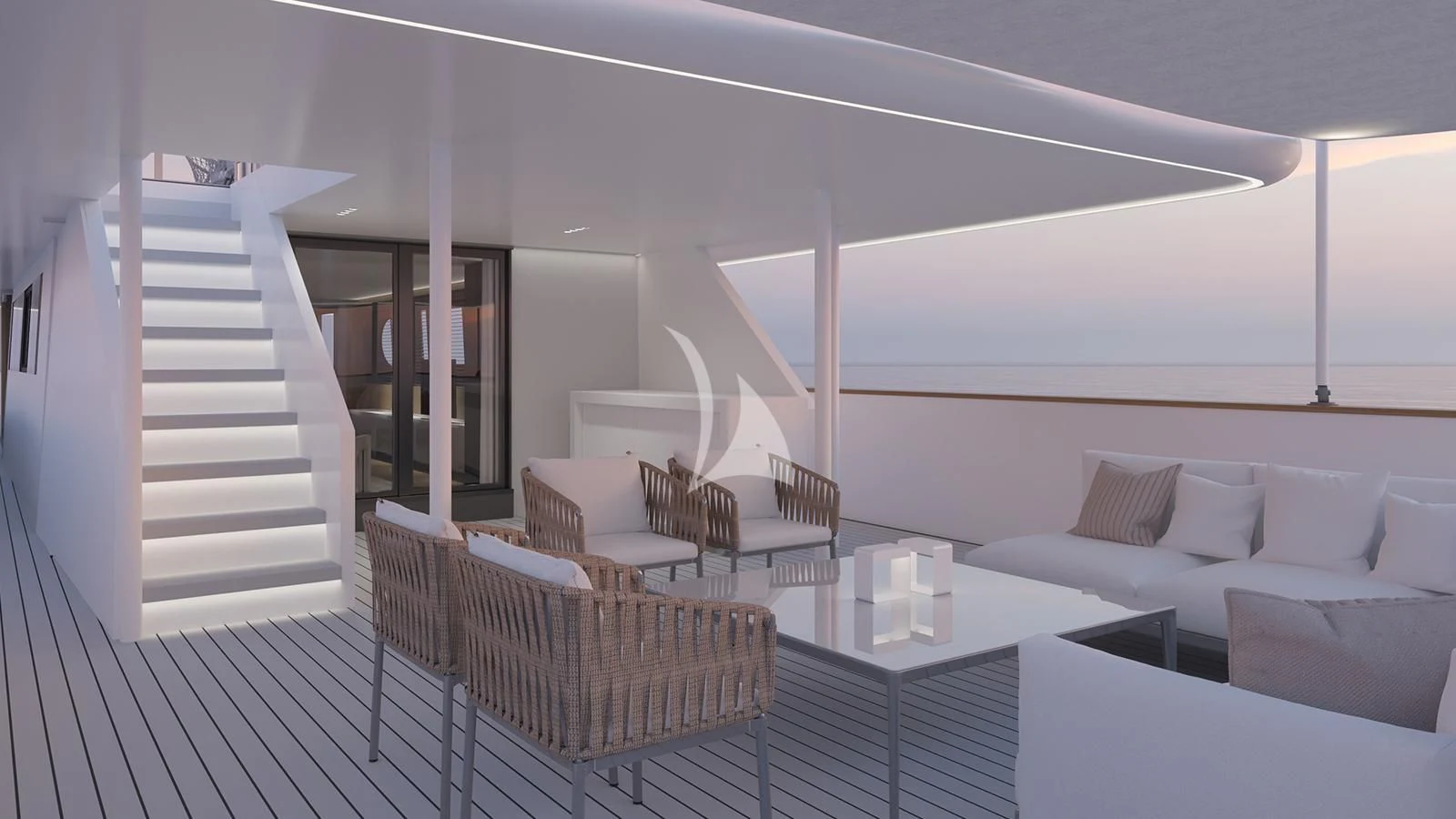 a room with a table and chairs aboard XIPHIAS Yacht for Charter