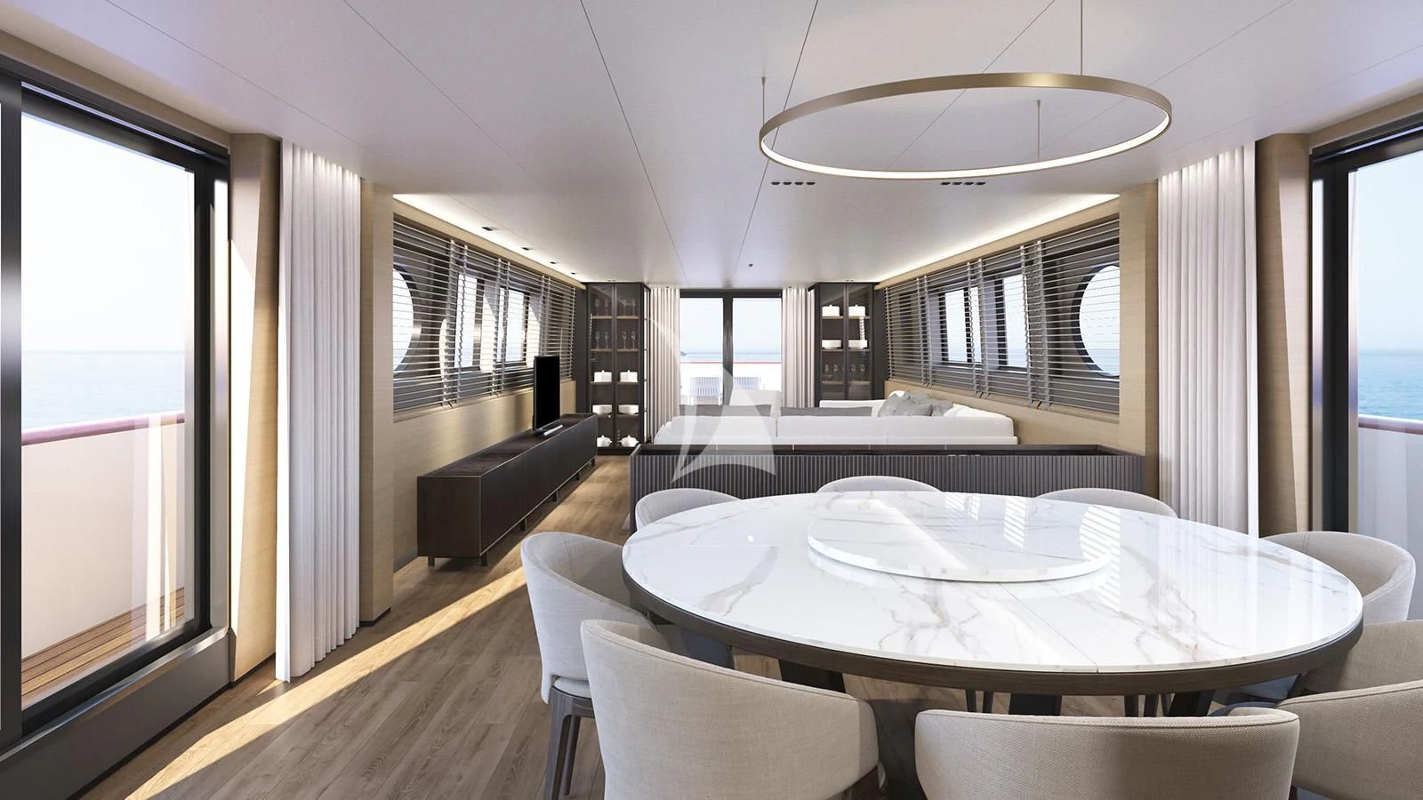a room with a bed and a television aboard XIPHIAS Yacht for Charter