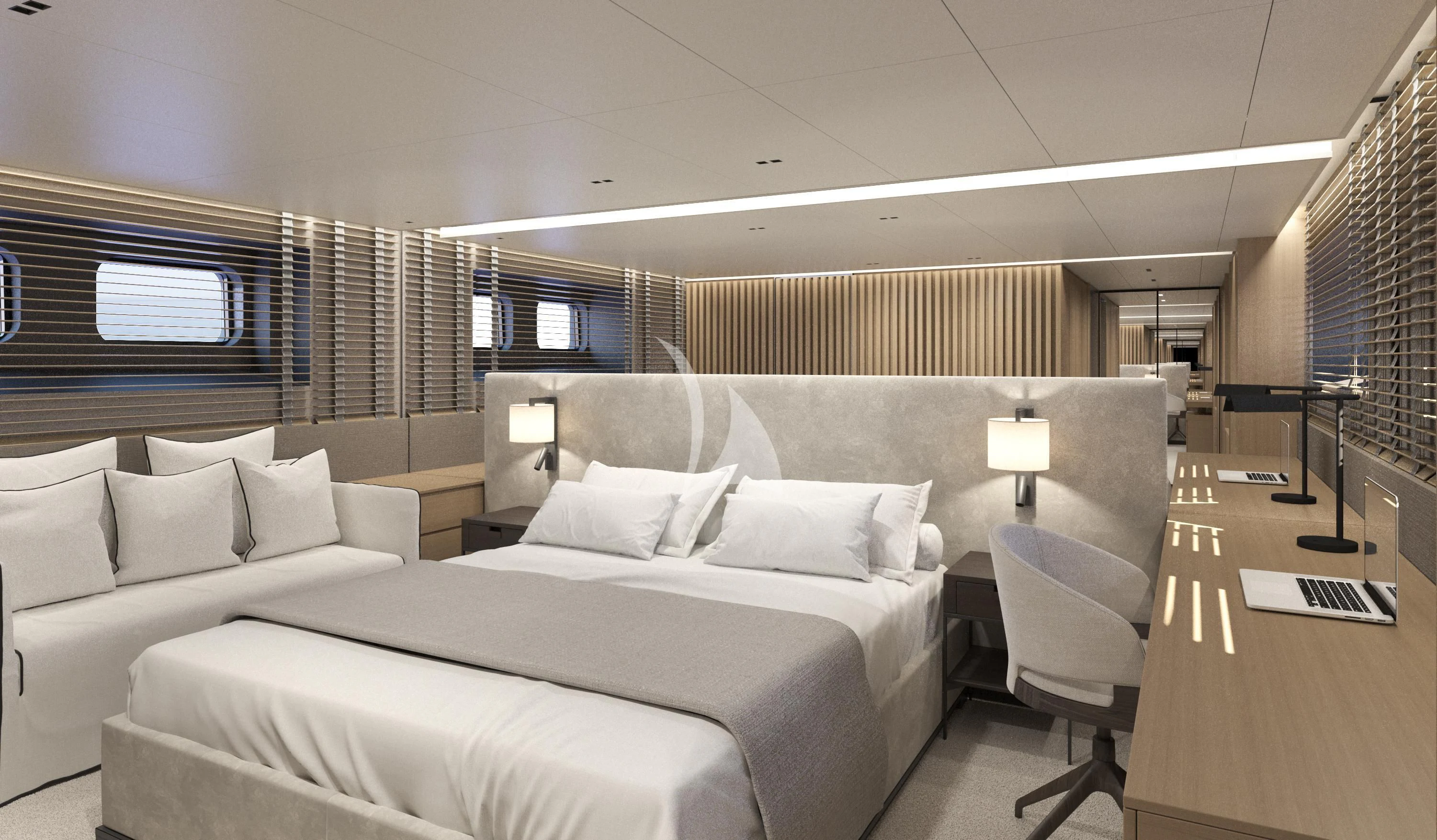 a room with a bed and a desk aboard XIPHIAS Yacht for Charter