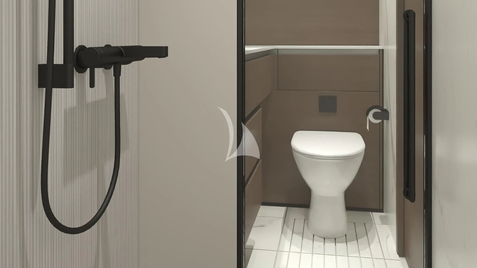 a toilet with a black handle aboard XIPHIAS Yacht for Charter