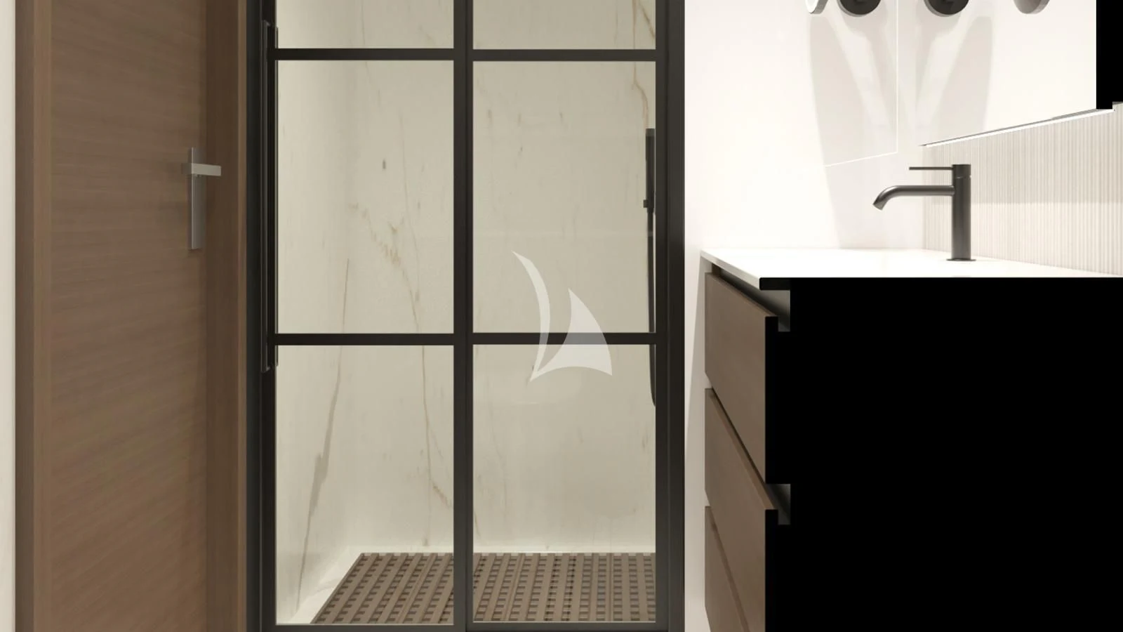 a black cabinet with a sink aboard XIPHIAS Yacht for Charter