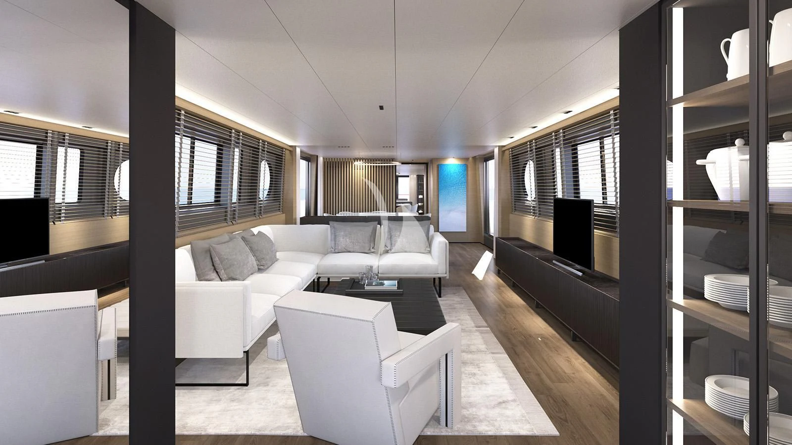a living room with a large window aboard XIPHIAS Yacht for Charter