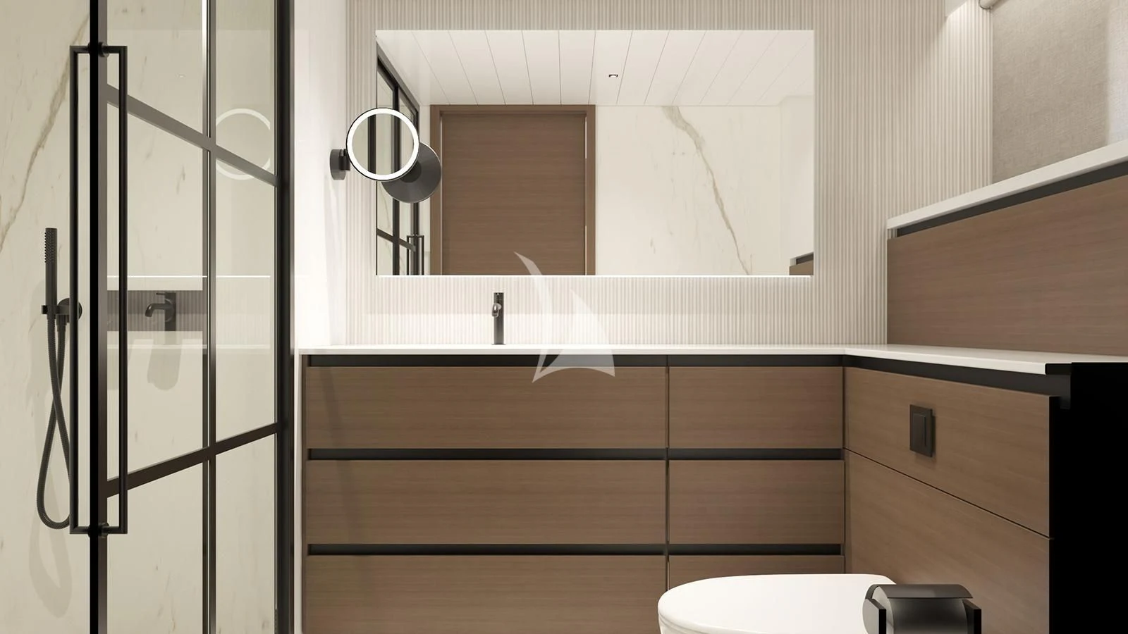 a bathroom with a glass shower unit aboard XIPHIAS Yacht for Charter