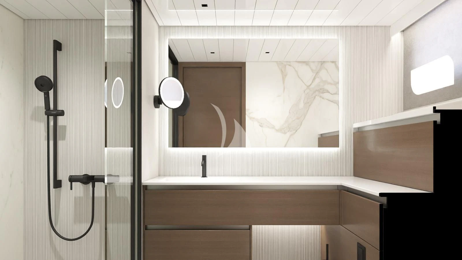 a bathroom with a large mirror aboard XIPHIAS Yacht for Charter