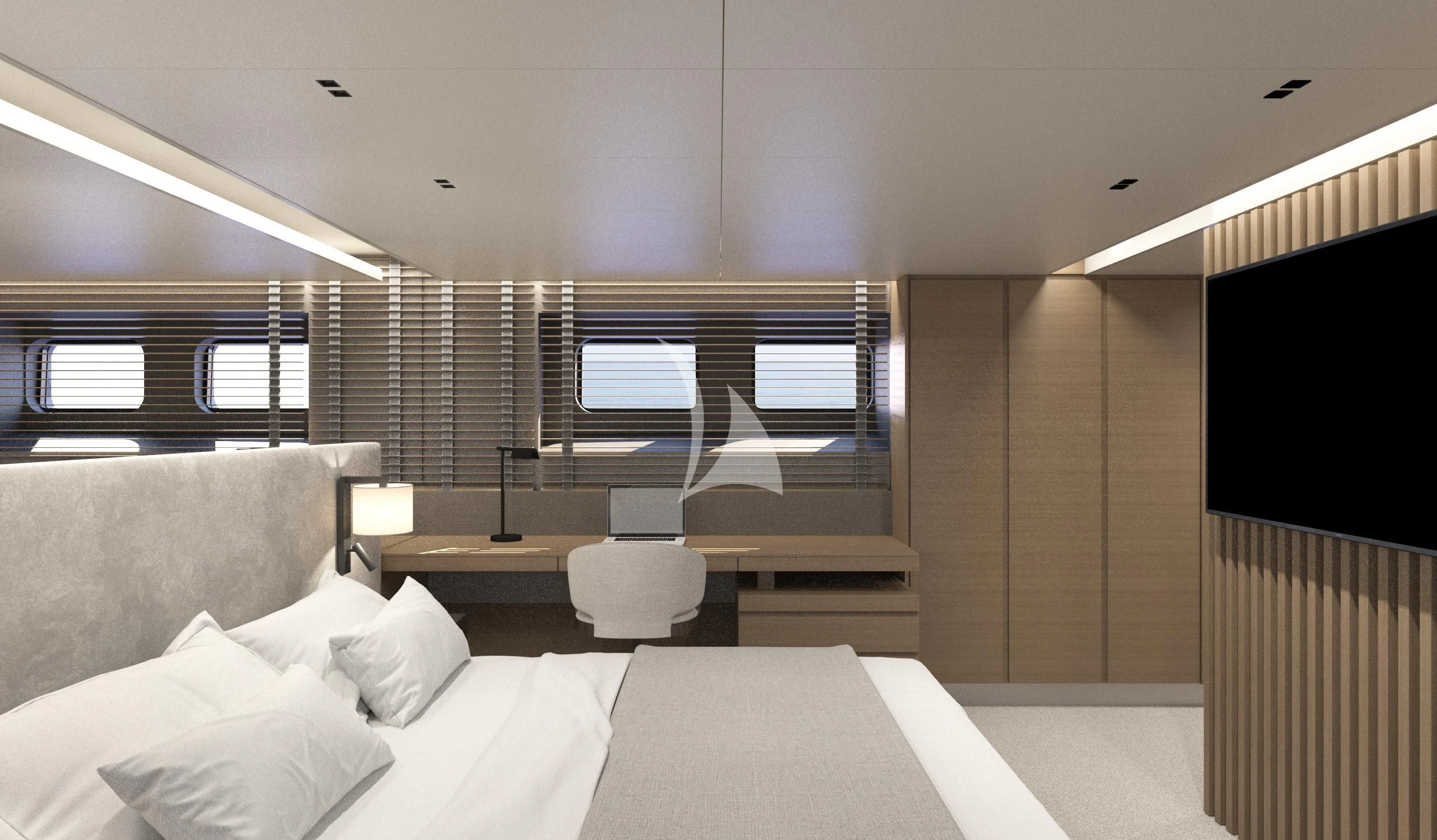 a room with a bed and a tv aboard XIPHIAS Yacht for Charter