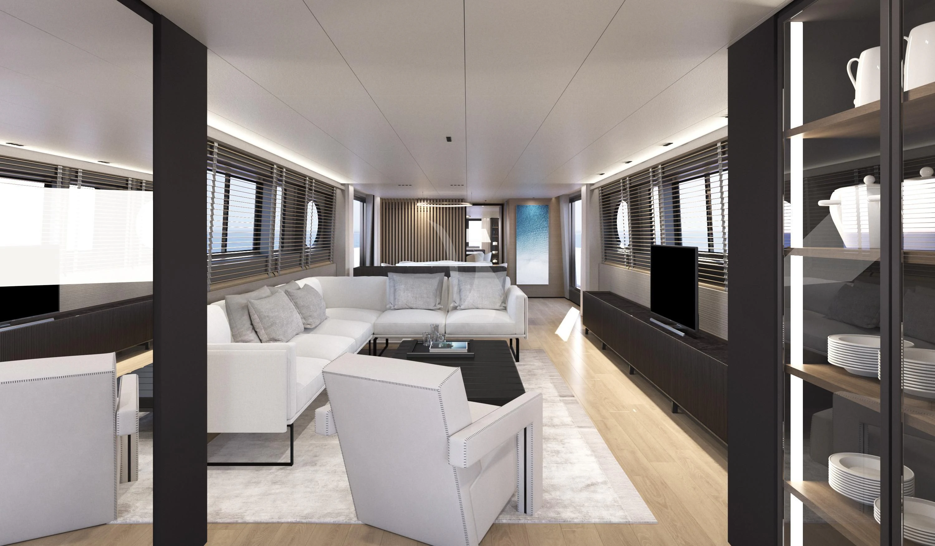 a living room with a large window aboard XIPHIAS Yacht for Charter