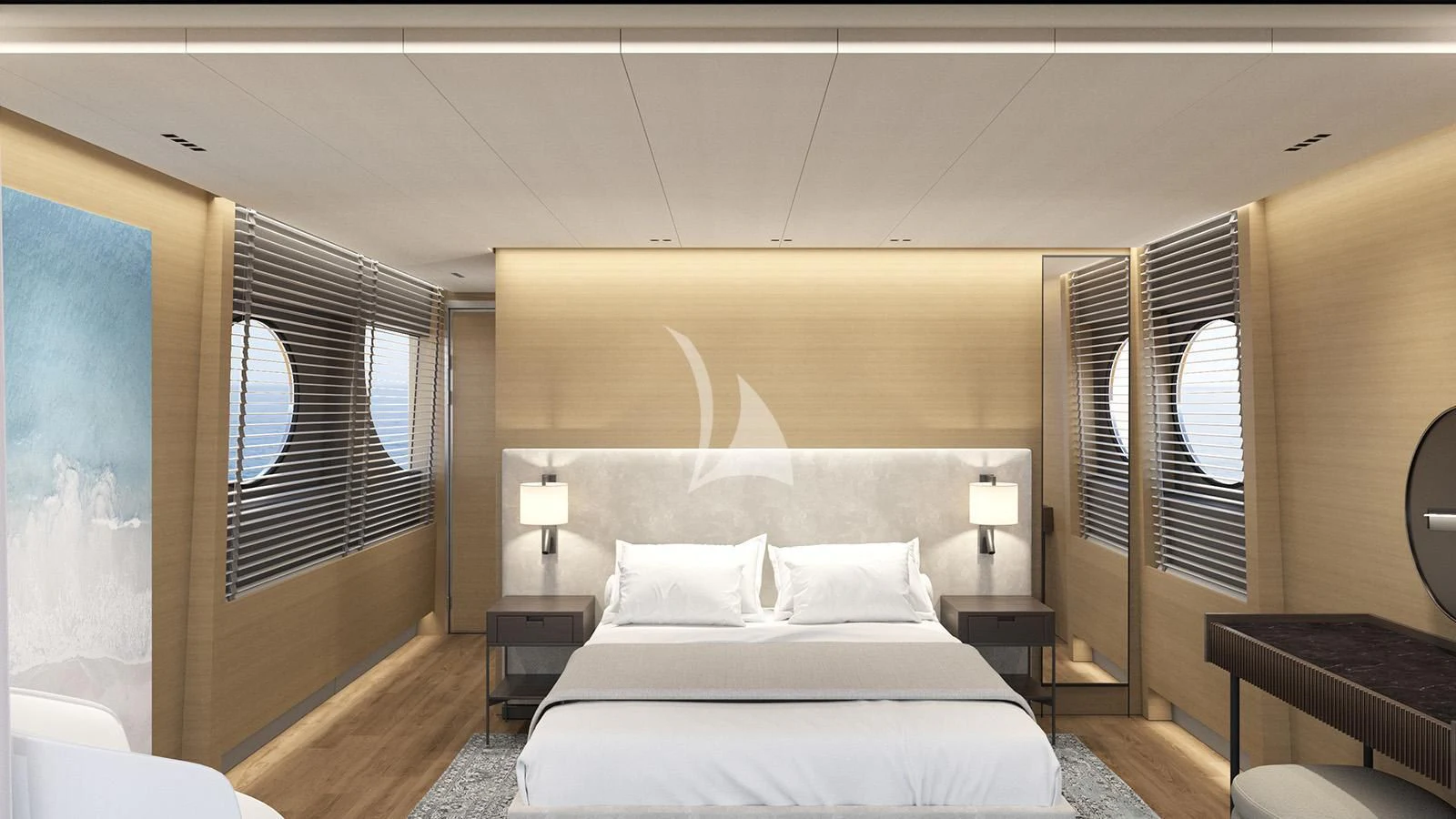 a room with a bed and a window aboard XIPHIAS Yacht for Charter