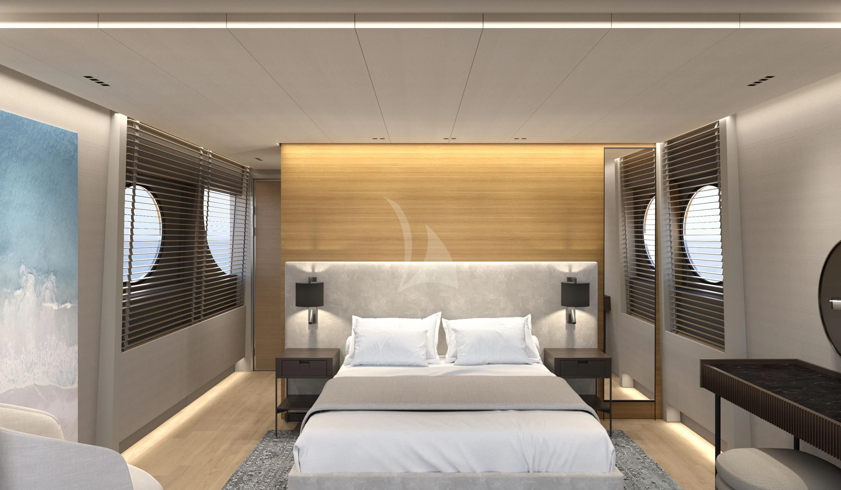 a room with a bed and a window aboard XIPHIAS Yacht for Charter