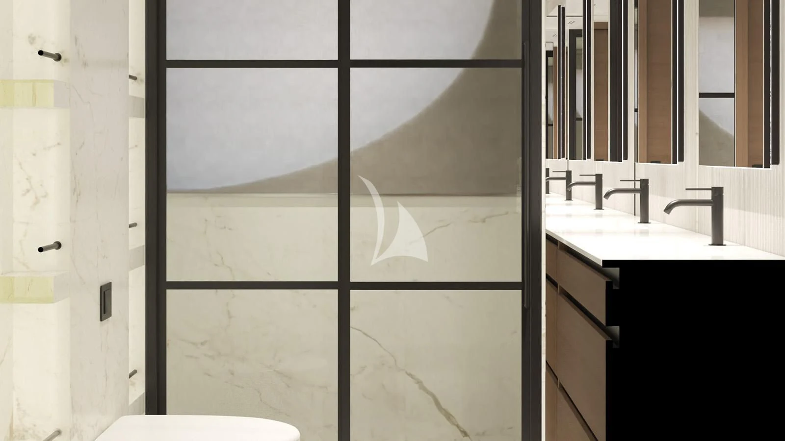 a bathroom with a sink and a shower aboard XIPHIAS Yacht for Charter