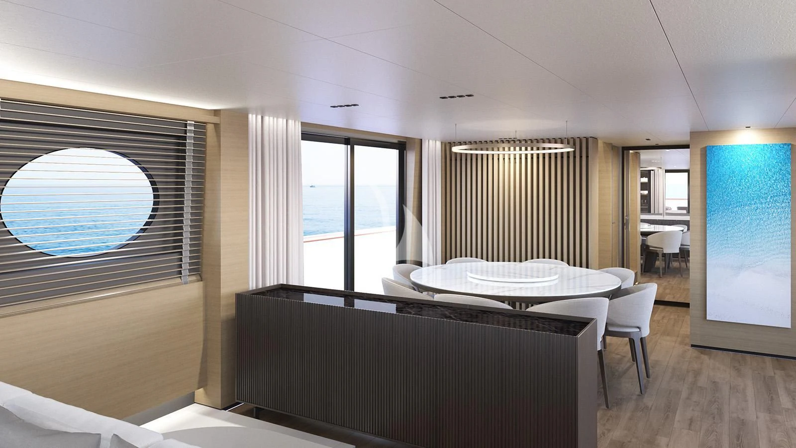 a room with a table and chairs aboard XIPHIAS Yacht for Charter