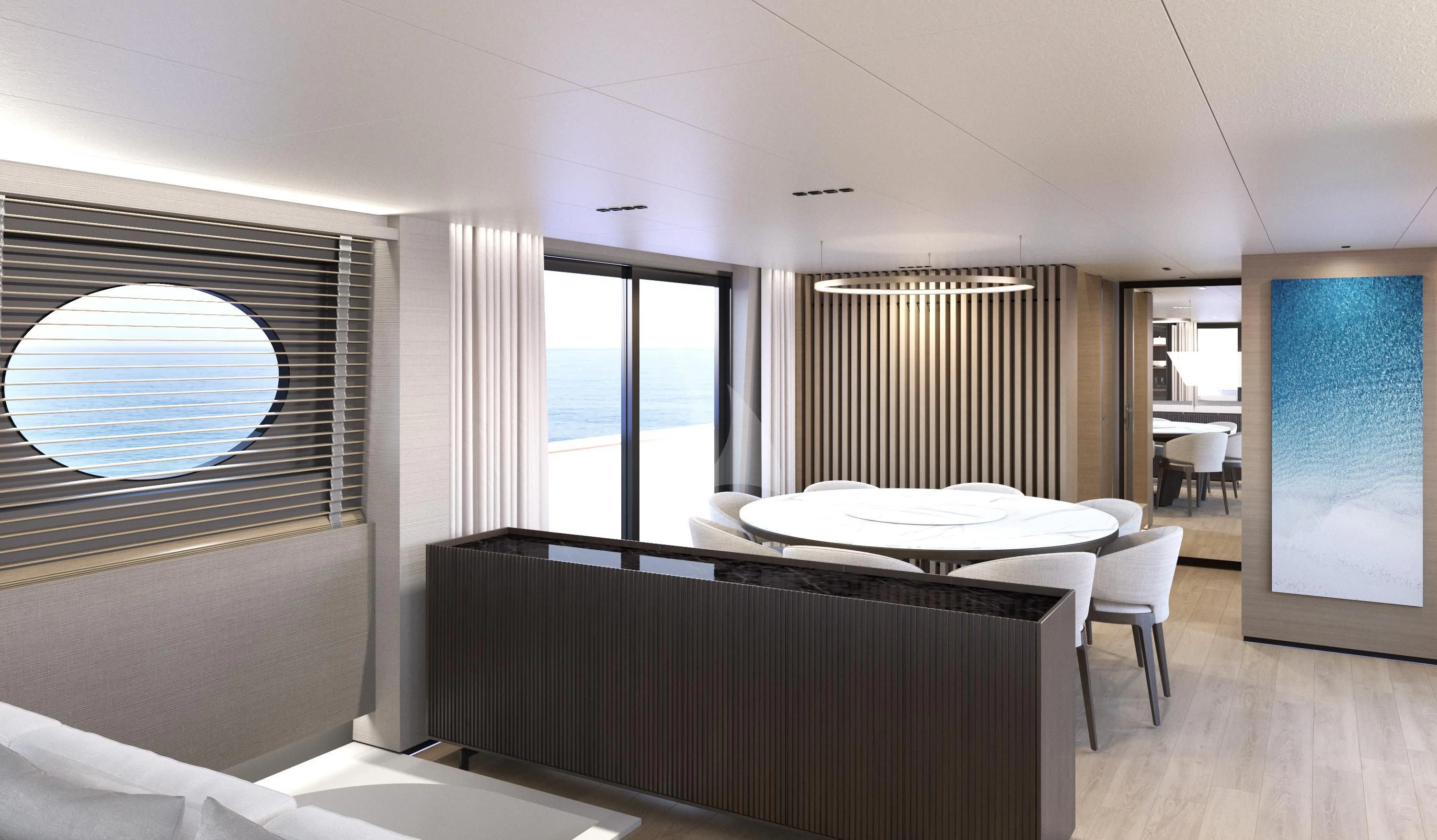 a room with a bed and a window aboard XIPHIAS Yacht for Charter