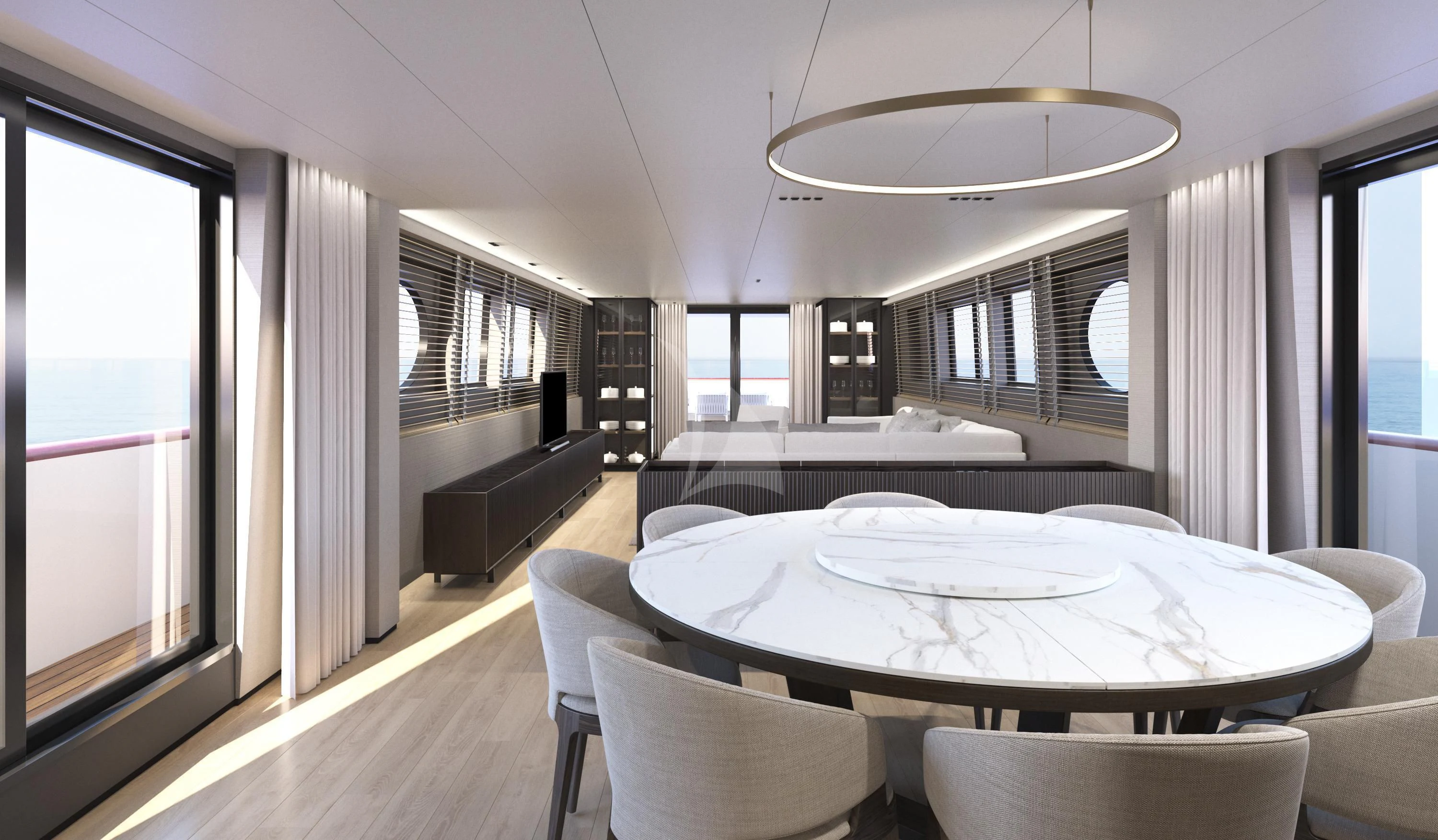 a large room with a table and chairs aboard XIPHIAS Yacht for Charter