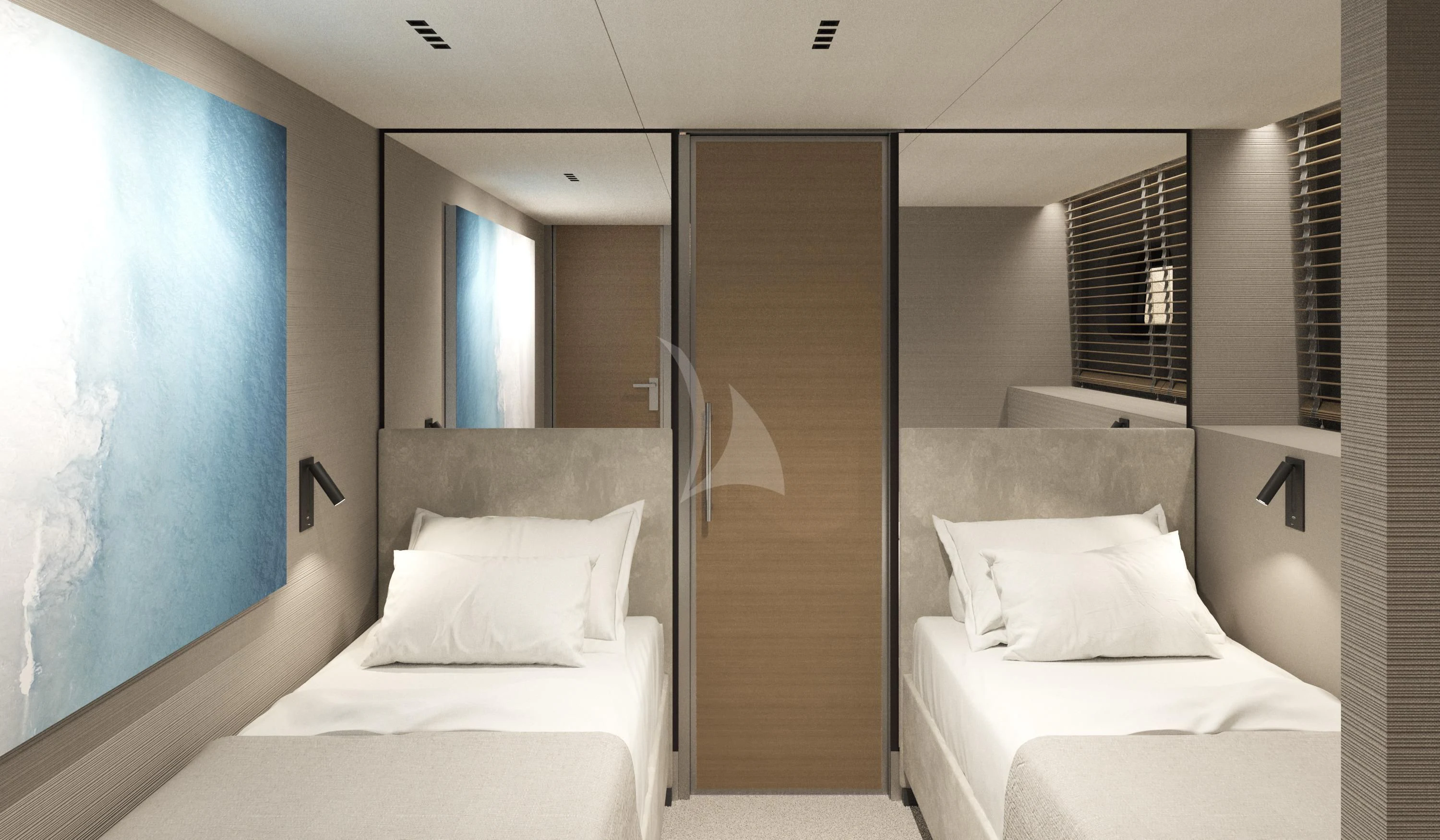a room with a bed and a window aboard XIPHIAS Yacht for Charter