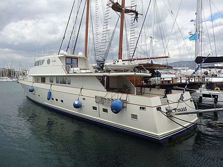 a large white boat in the water aboard XIPHIAS Yacht for Charter