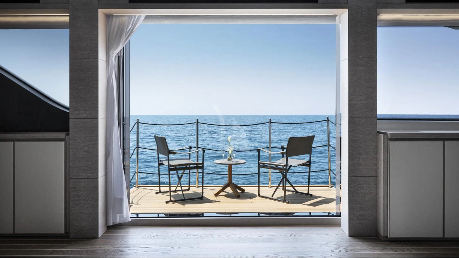 a room with a table and chairs aboard TINY WAVE Yacht for Sale