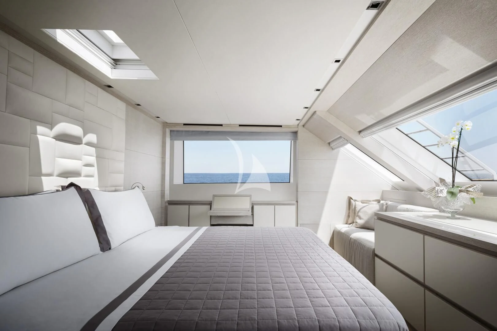a room with a bed and a window aboard TINY WAVE Yacht for Sale