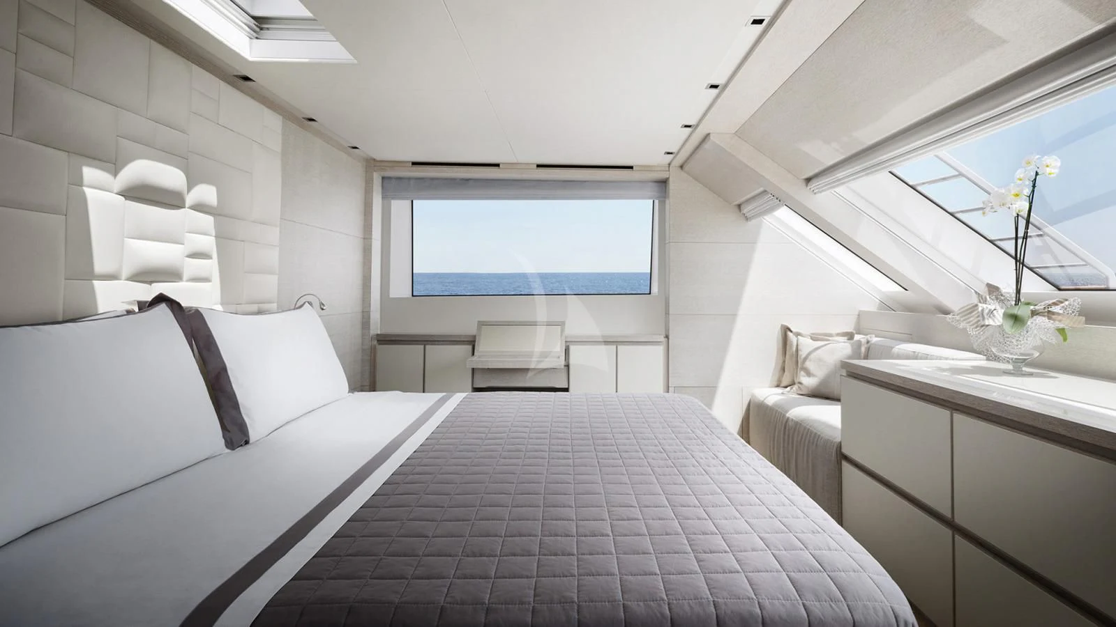 a room with a bed and a window aboard TINY WAVE Yacht for Sale