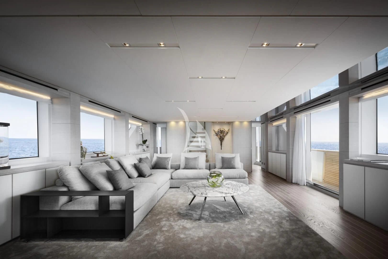 a living room with a large window aboard TINY WAVE Yacht for Sale