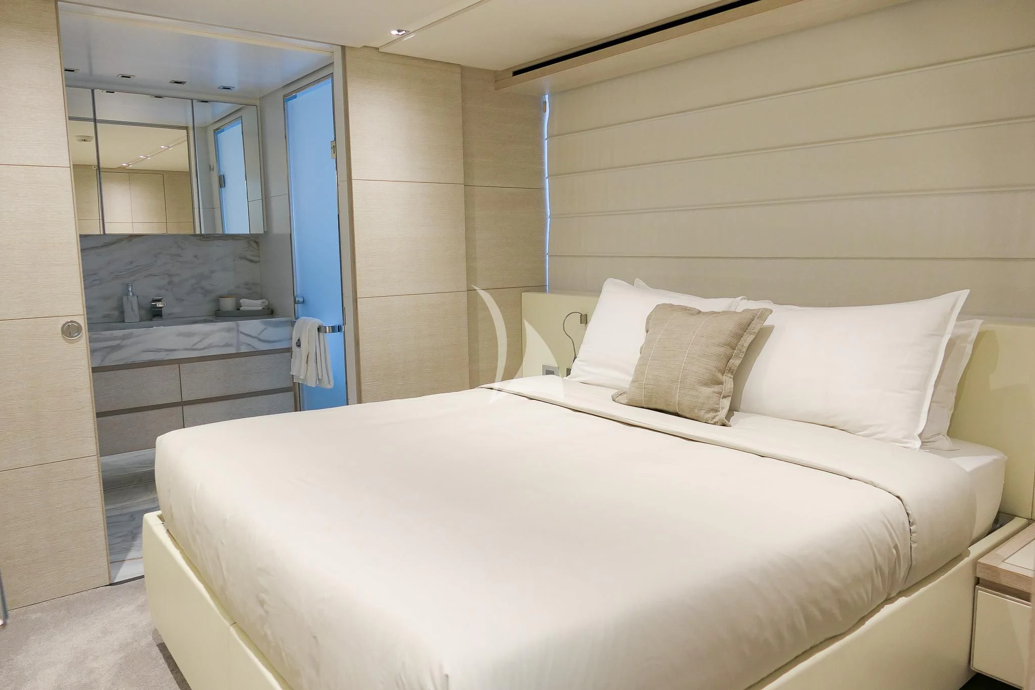 a bed in a room aboard TINY WAVE Yacht for Sale