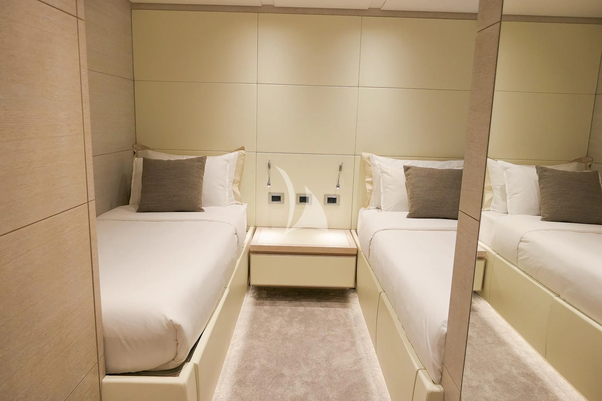 a room with two beds aboard TINY WAVE Yacht for Sale