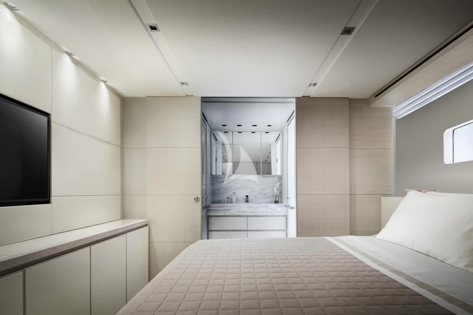 a room with a bed and a tv aboard TINY WAVE Yacht for Sale
