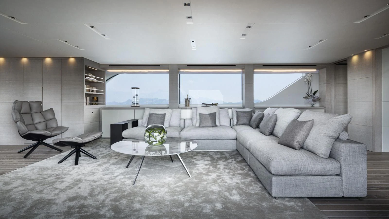 a living room with a large window aboard TINY WAVE Yacht for Sale
