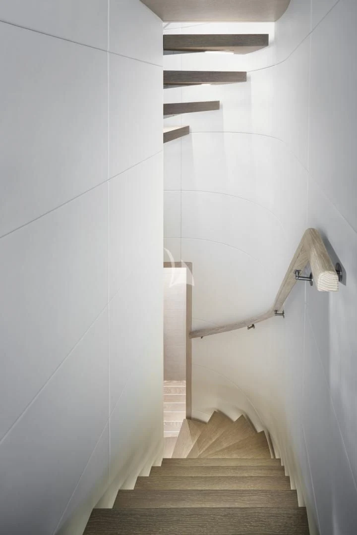 a white tiled hallway aboard TINY WAVE Yacht for Sale