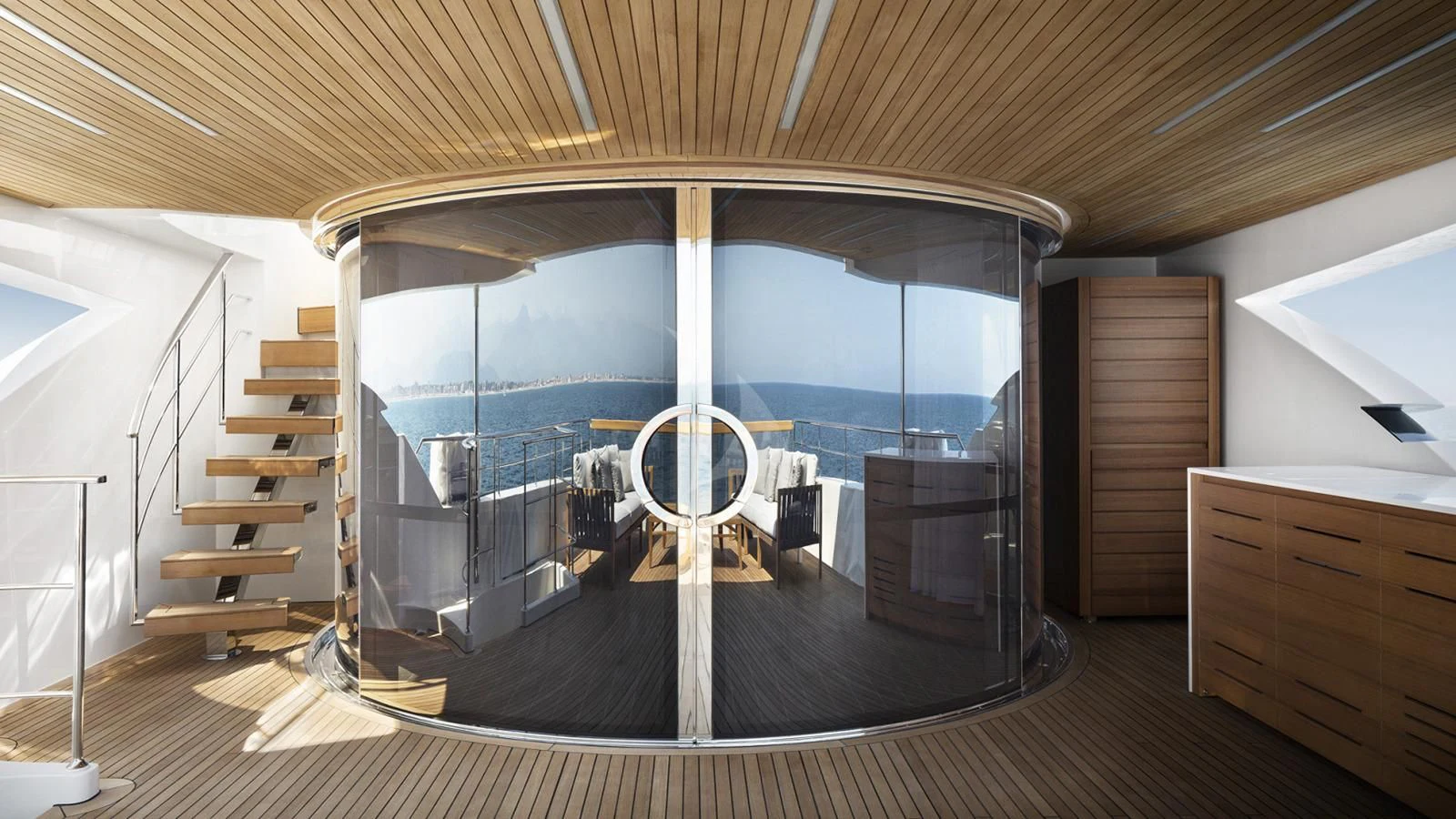 a room with a glass door aboard TINY WAVE Yacht for Sale