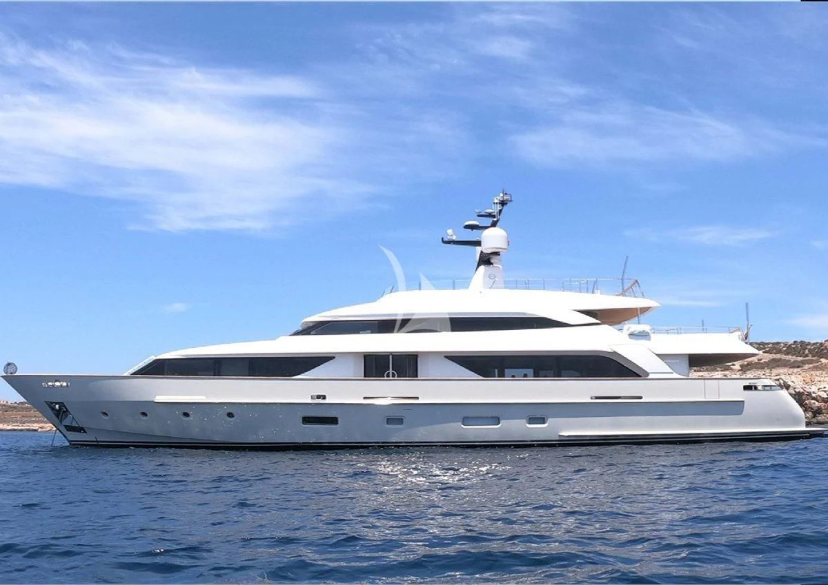 a white yacht in the water aboard TINY WAVE Yacht for Sale