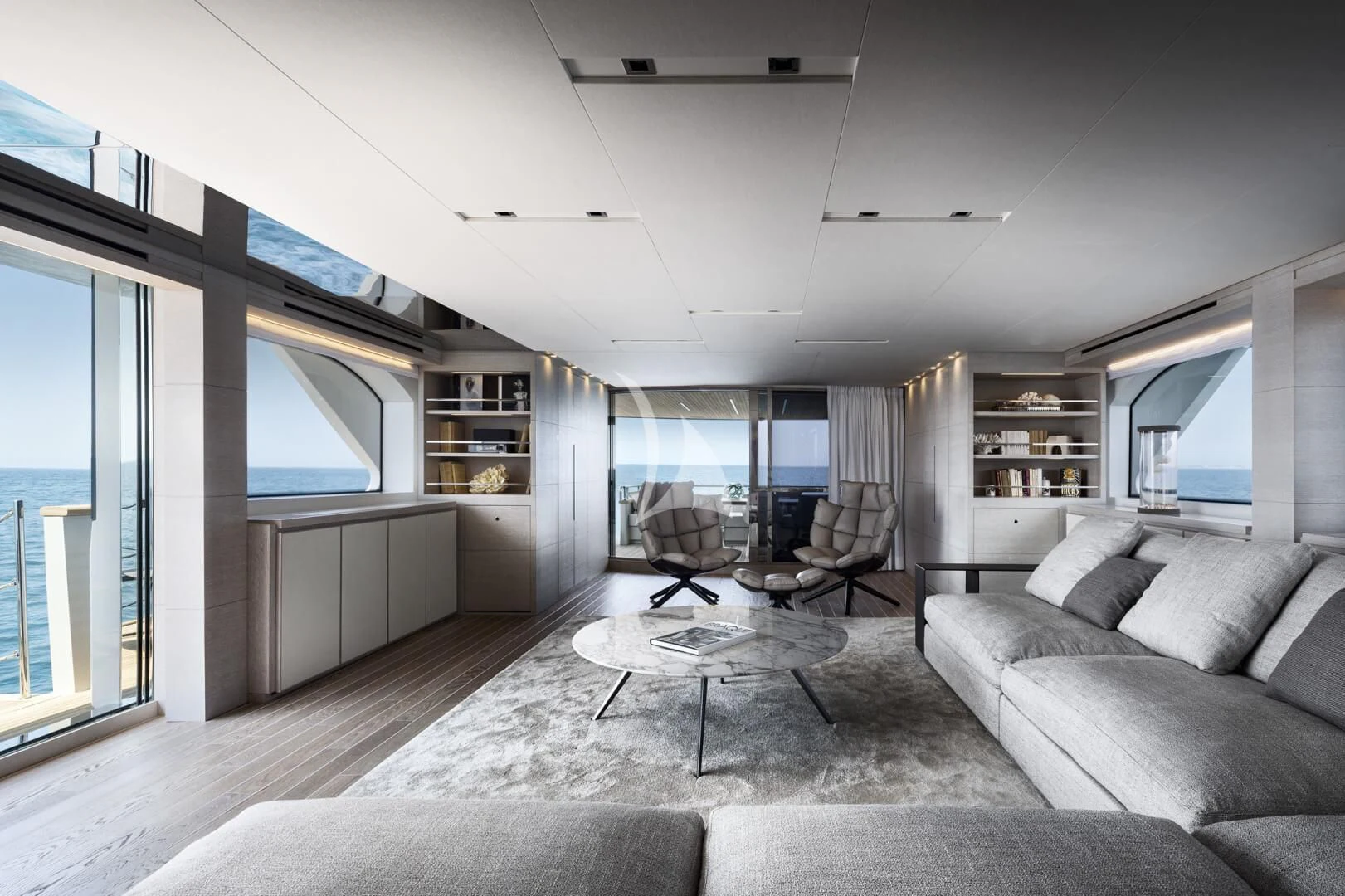 a living room with a large window aboard TINY WAVE Yacht for Sale