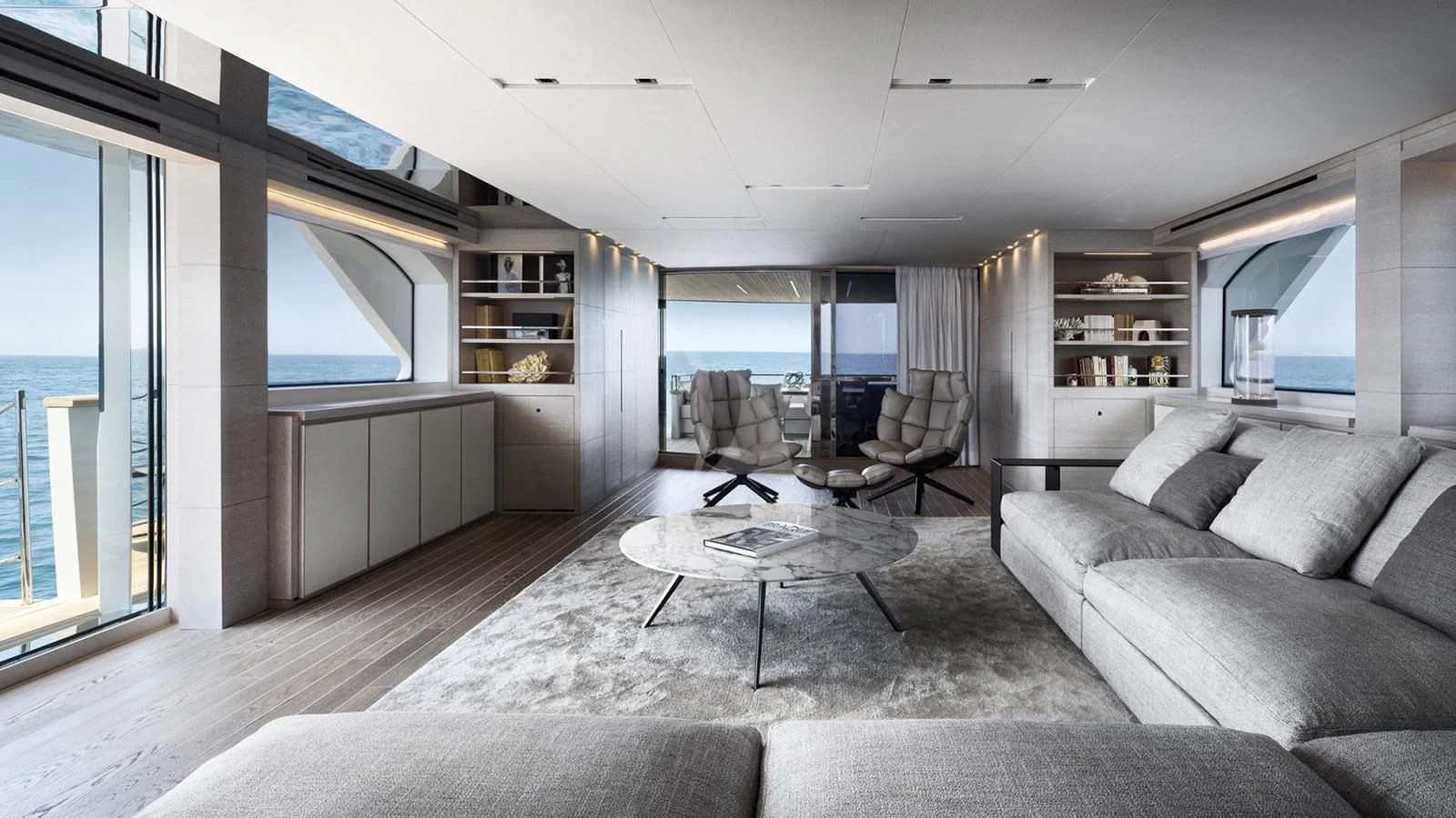 a living room with a large window aboard TINY WAVE Yacht for Sale
