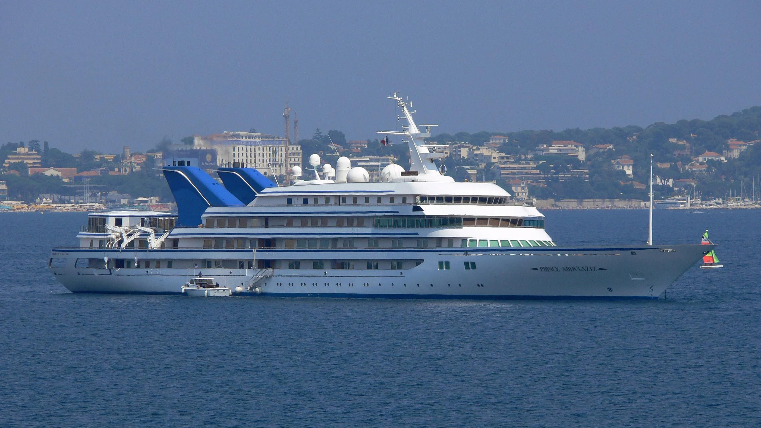 a large white yacht in the water aboard PRINCE ABDULAZIZ Yacht for Sale