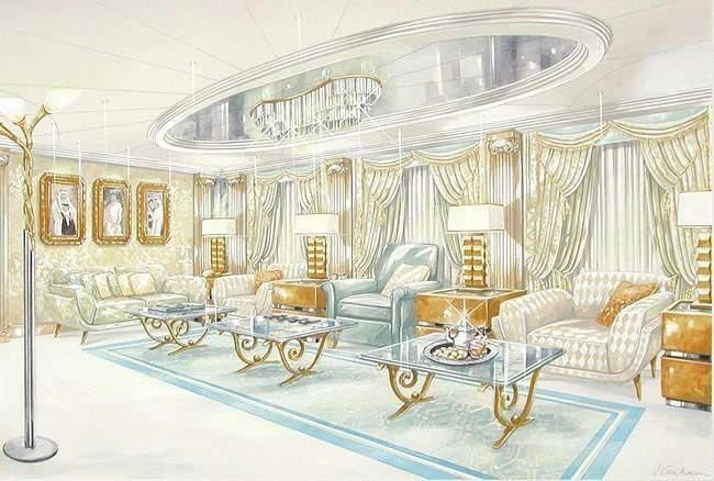 a large living room with a chandelier aboard PRINCE ABDULAZIZ Yacht for Sale