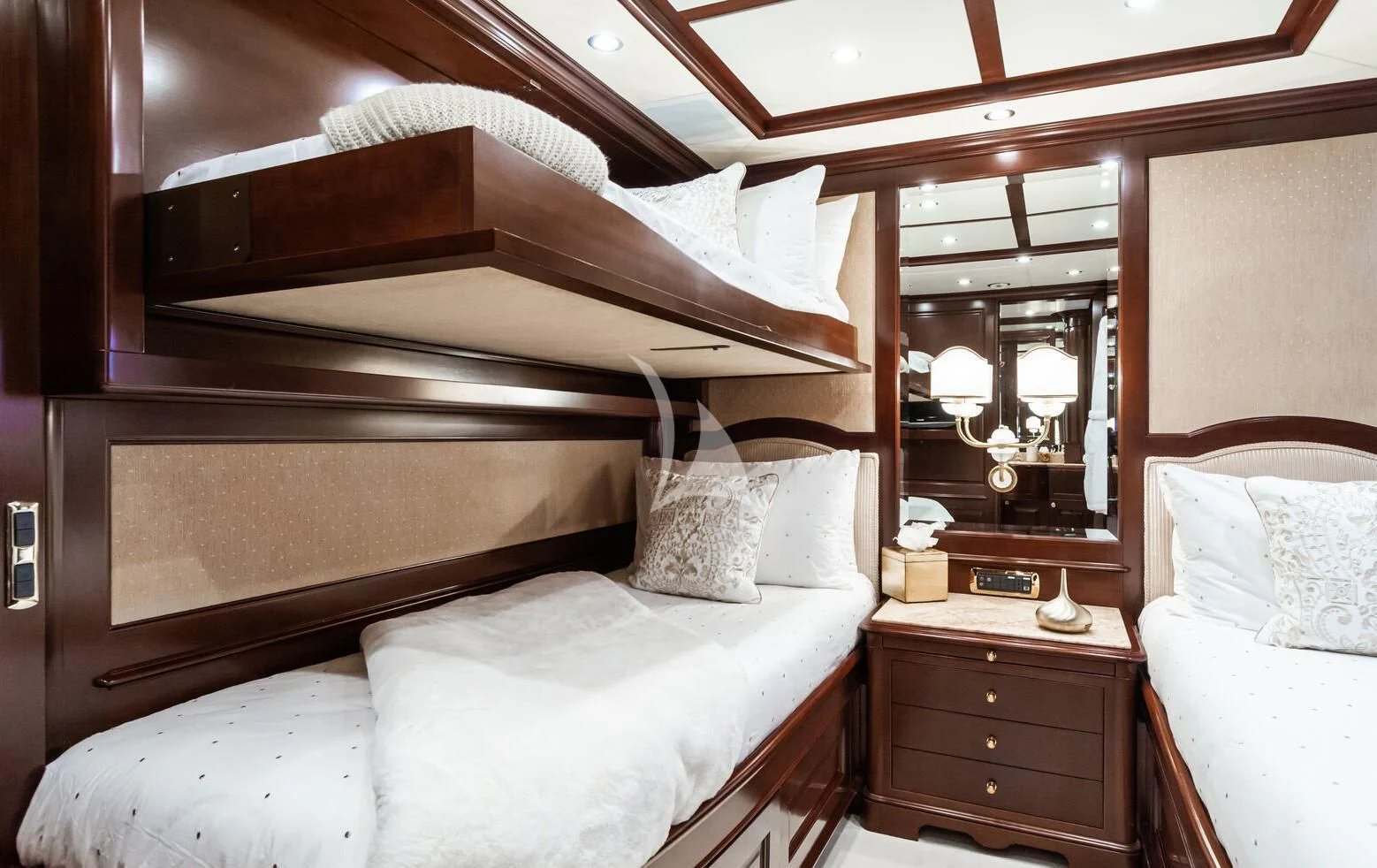 a room with a bed and a mirror aboard GIORGIA I Yacht for Sale